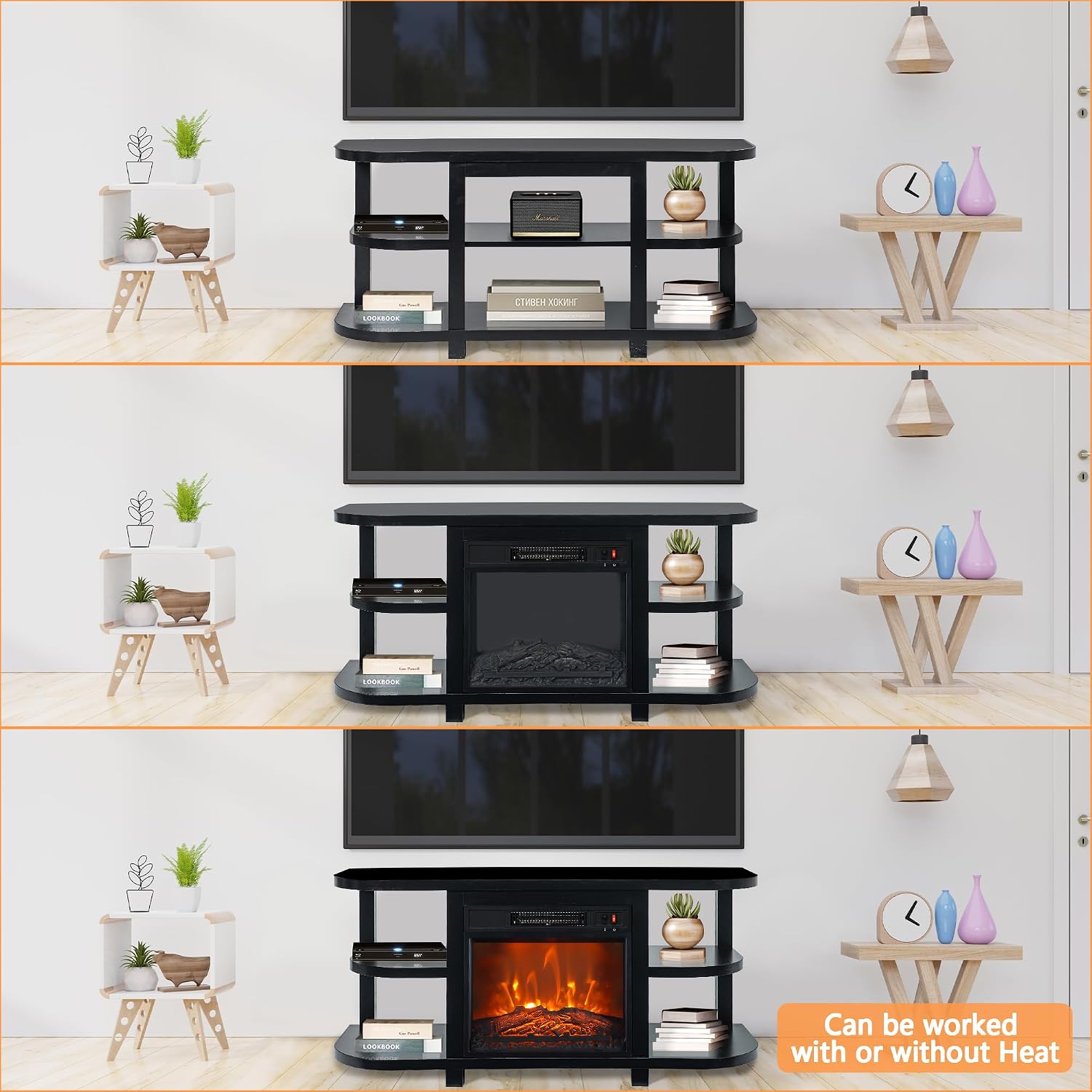 48' Fireplace TV Stand for TVs up to 55', Farmhouse Entertainment Center with 18' Electric Fireplace Insert, 1400W Wood Media Console Table with Open Storage Shelves for Living Room, Bedroom (Black)