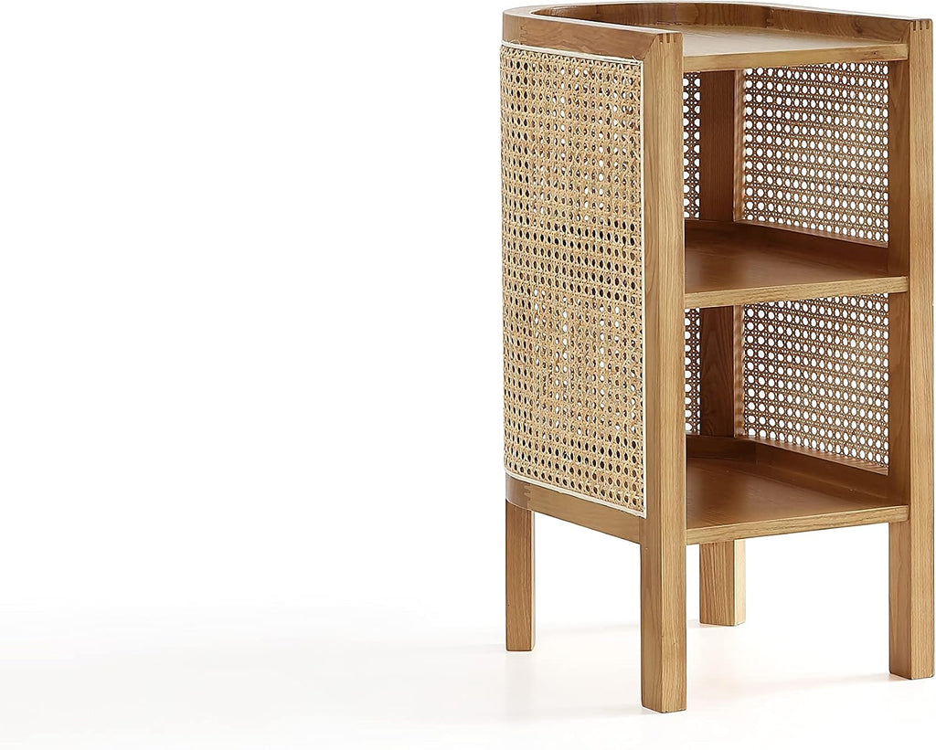 Manhattan Comfort Versailles Rattan Bedside End Table Accent Sofa Side Table for Living Room, Bedroom, Study and Home Office with 2 Shelf Storage, Natural Cane