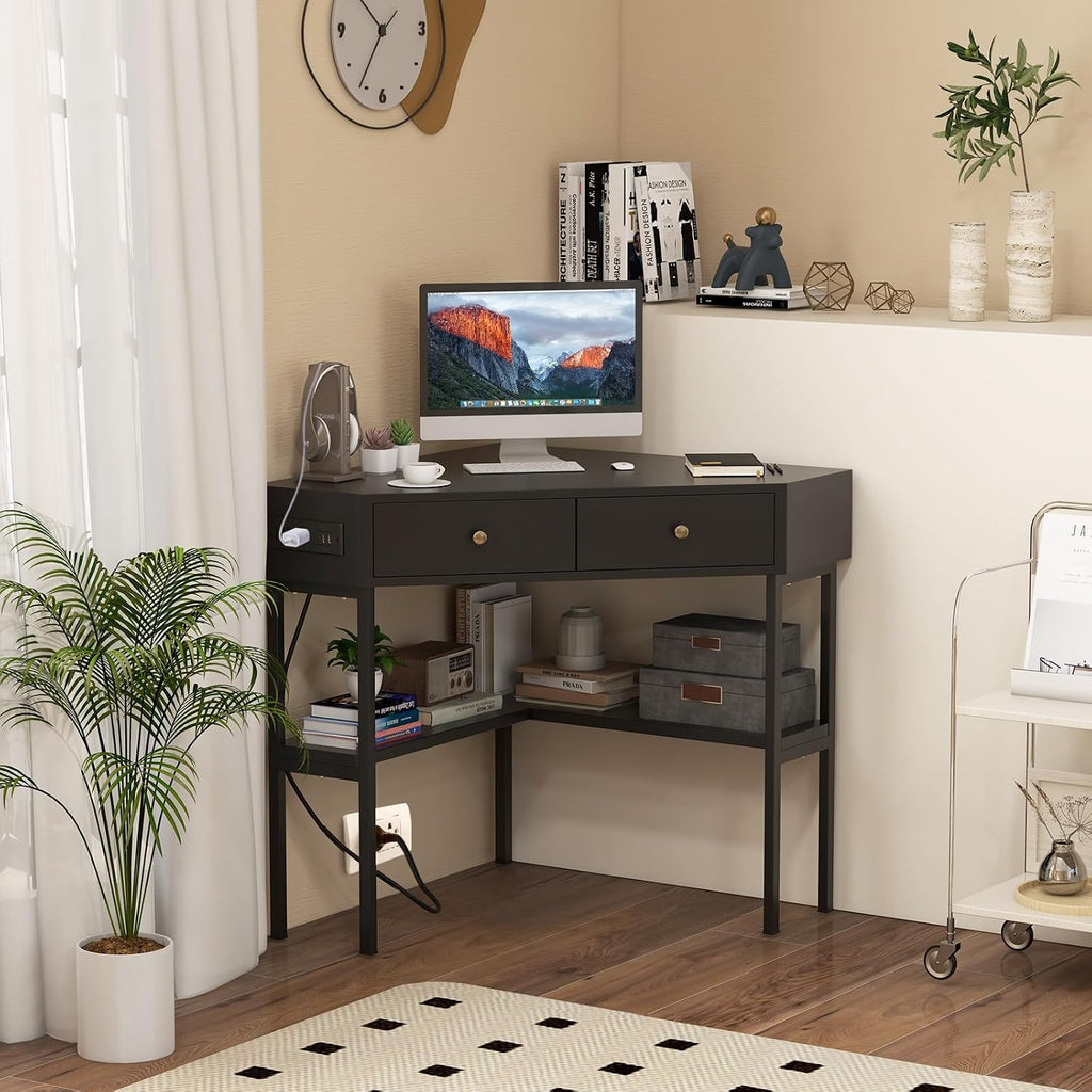 Tangkula Corner Desk with 2 Drawers & Built-in Charging Station, 90 Degrees Triangle Corner Computer Desk for Small Space, Bedroom Makeup Vanity Desk with Storage Shelves, Corner Desk (Black)