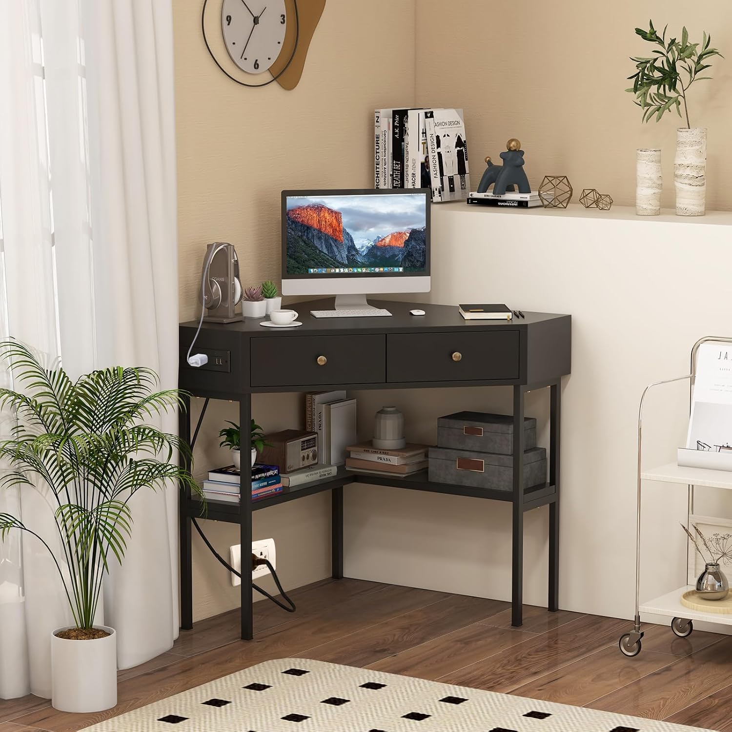 Tangkula Corner Desk with 2 Drawers & Built-in Charging Station, 90 Degrees Triangle Corner Computer Desk for Small Space, Bedroom Makeup Vanity Desk with Storage Shelves, Corner Desk (Black)