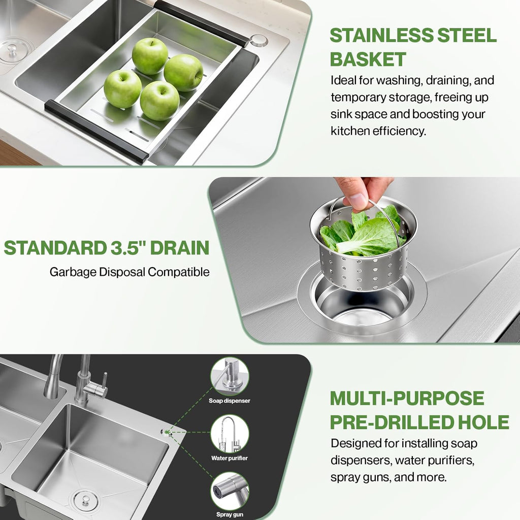 30-inch Kitchen Sink, Double Bowl Drop-in/Top-Mount 304 Stainless Steel with Nano Coating, Includes Drain Assembly & Fruit Basket for Modern Kitchen (30.7' x 16.9')