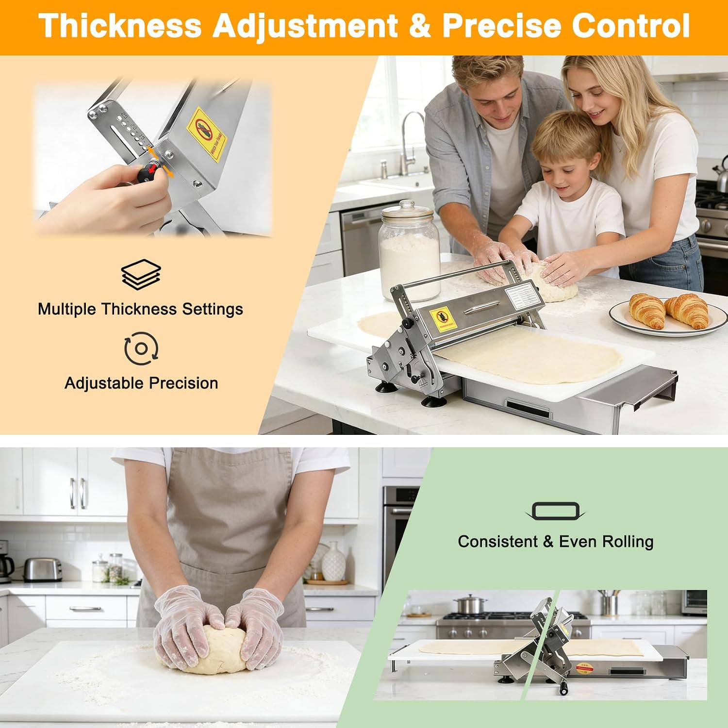 Foldable Dough Sheeter, Dough Laminator, Manual Dough Roller Machine with Adjustable Thickness, Stainless Steel Body, Food-Grade PE Panel,for Croissant, Pizza,Pasta,Eggs Tart,Space-Saving Kitchen Tool