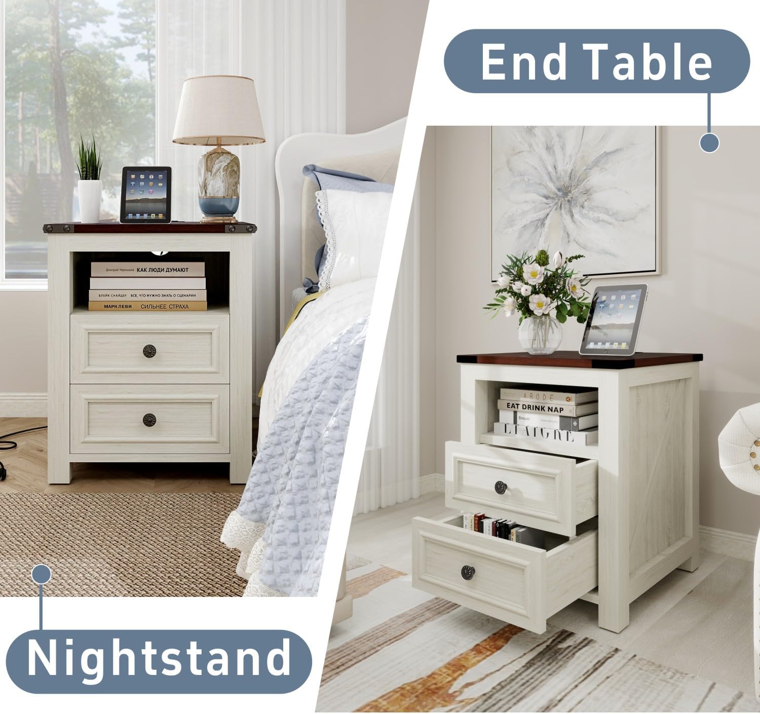 MUUEGM Farmhouse End Table with Charging Station, Side Table for Living Room, Sofa Side Table with Drawers and Storage Cabinet, Night Stand for Bedroom, White, Set of 2