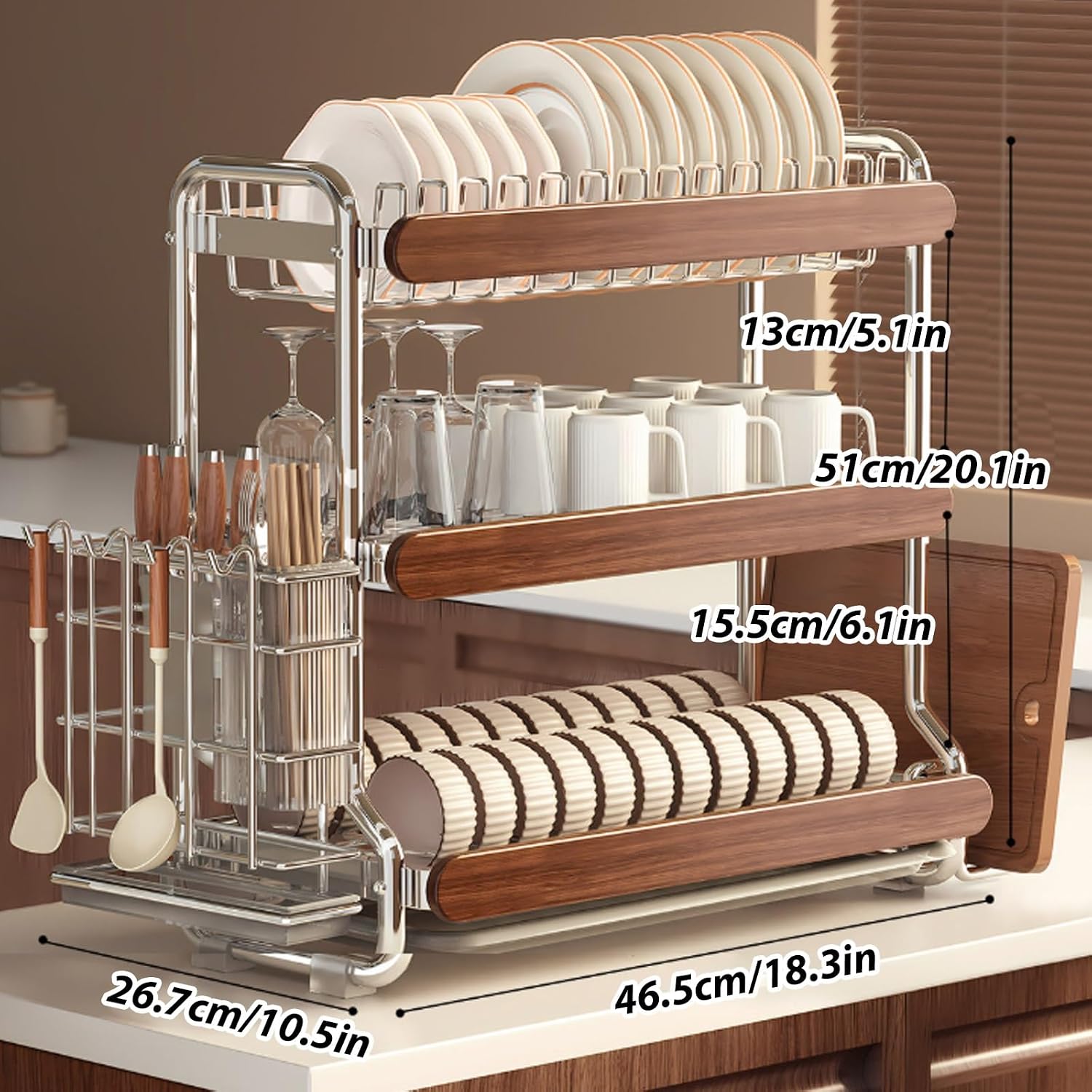 Large-Capacity,partitioned Stainless Steel Dish Rack with Thickened Pipes;Multi-Functional Kitchen Storage for Dishes,Bowls,and Chopsticks;Includes a drip Tray(Triple Layer)