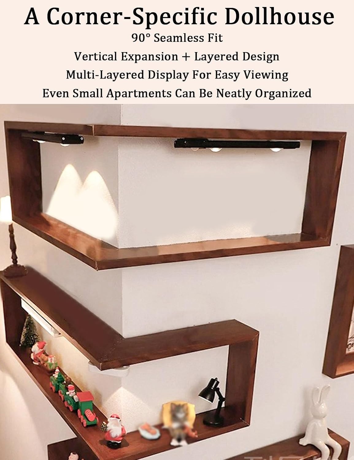 Wall Mounted Corner Shelf - Floating Shelves Save Space with Light Corner Display Shelf Stand Dustproof Storage, Heavy Duty Floating Shelves with LED Lights