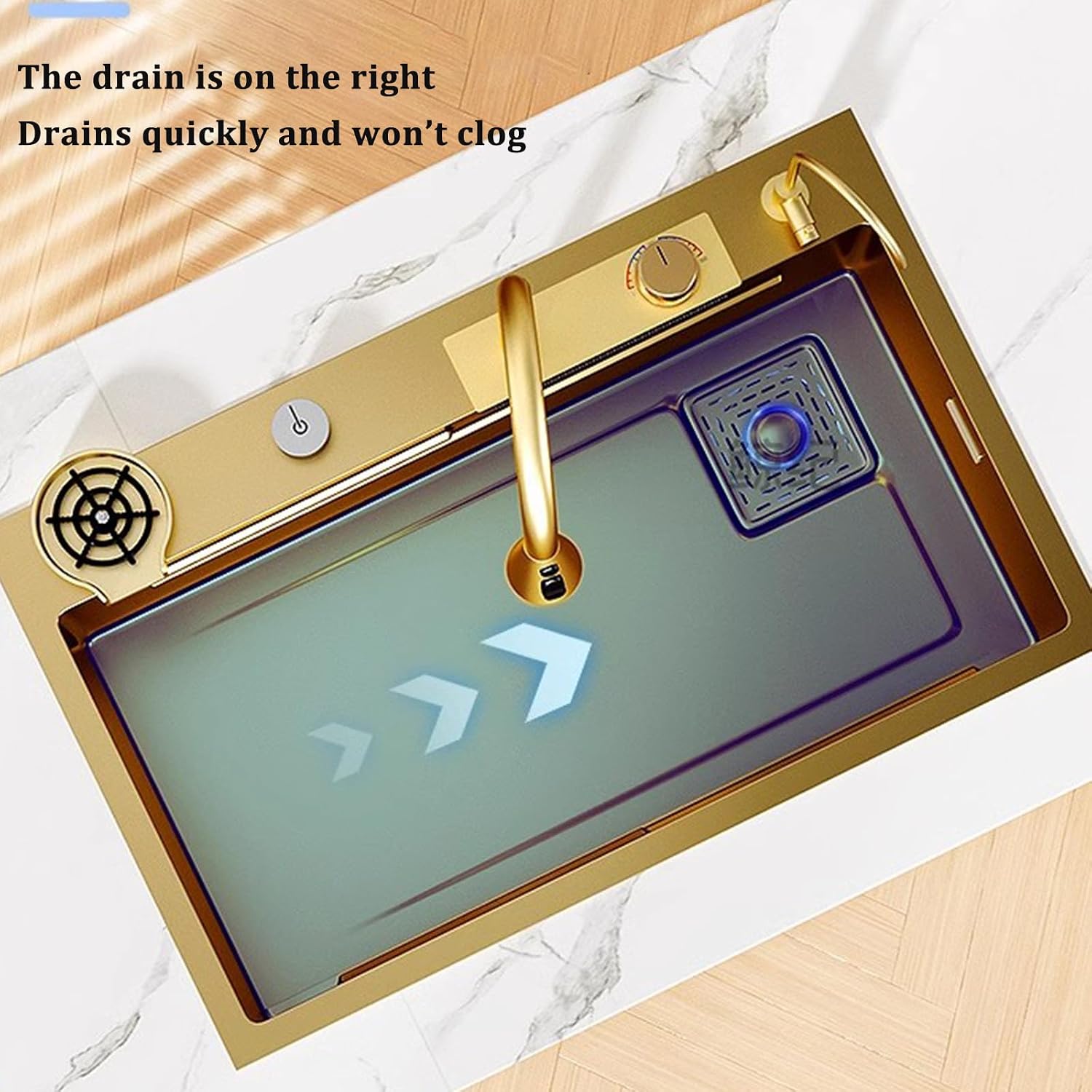 Golden Waterfall Sink Stainless Steel Sink Golden Waterfall Faucet Recessed Single Bowl Sink Complete Accessories (