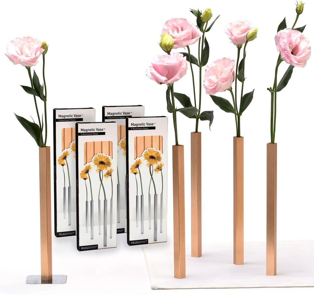 PELEG DESIGN Magnetic Bud Vase Set (Gold) - Unique Home Decor Gift & Modern Table Centerpiece - 20 Aluminum Single Stem Vases - 9.4' Tall Gravity Defying Decor