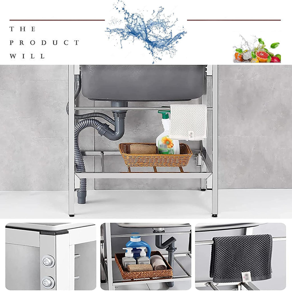Free Standing Sink | Single Bowl Sink | 304 Stainless Steel Sink | 1 Compartment Commercial Kitchen Sink | Utility Prep Sinks | Extra-Deep Laundry Tub | Indoor-Outdoor Protable