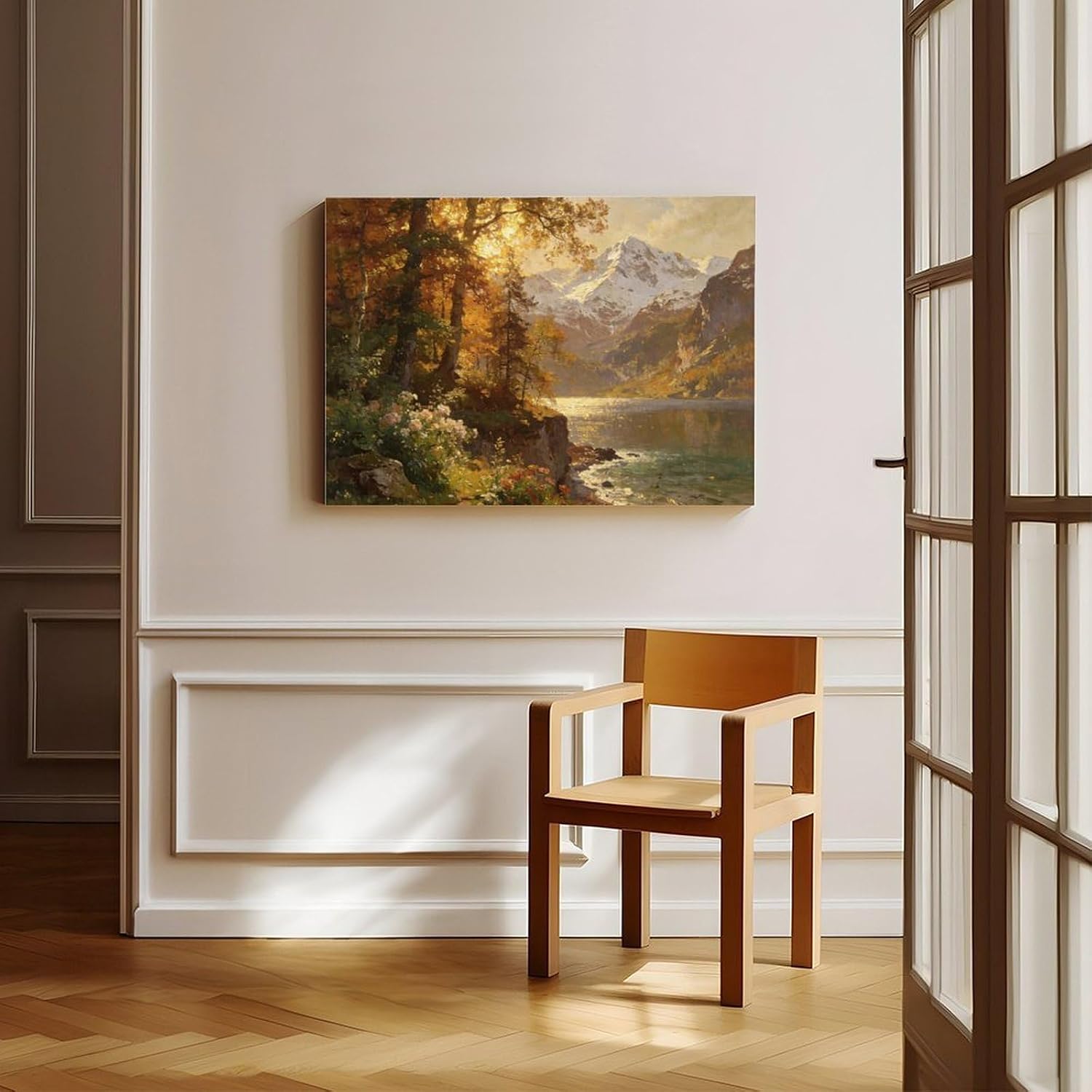 Autumn Mountain Lake Wall Art Print, Golden Forest And Snowy Peaks Landscape Painting, Scenic Nature Poster for Living Room Bedroom Decor 24x36inch(60x90cm)