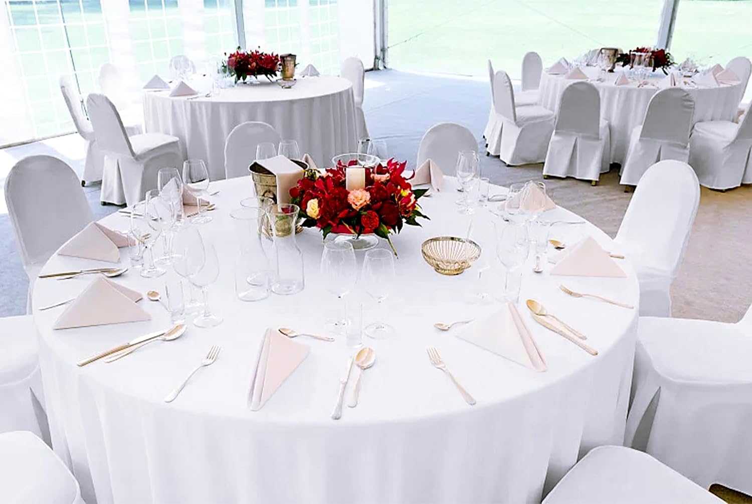 12 Pack White Round Tablecloth 120 Inch - Polyester Table Cloth for Round Tables, Premium Circle Tablecloth Linens Washable Fabric Bulk Table Cover for Wedding Party Banquet Restaurant Reception