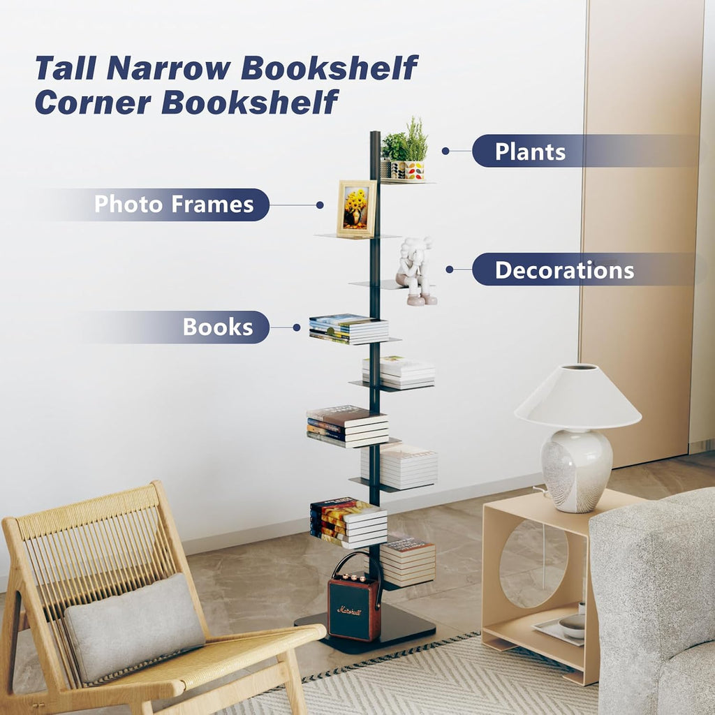 Choowin 9-Shelf Metal Spine Bookshelf Vertical Bookshelf, Adjustable Modern Floating Narrow Tree Book Shelf Book Tower, Display Shelf for Bedroom Living Room Office, 70 inch Tall, Black