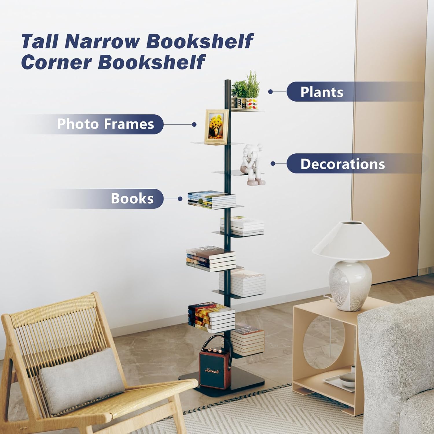 Choowin 9-Shelf Metal Spine Bookshelf Vertical Bookshelf, Adjustable Modern Floating Narrow Tree Book Shelf Book Tower, Display Shelf for Bedroom Living Room Office, 70 inch Tall, Black