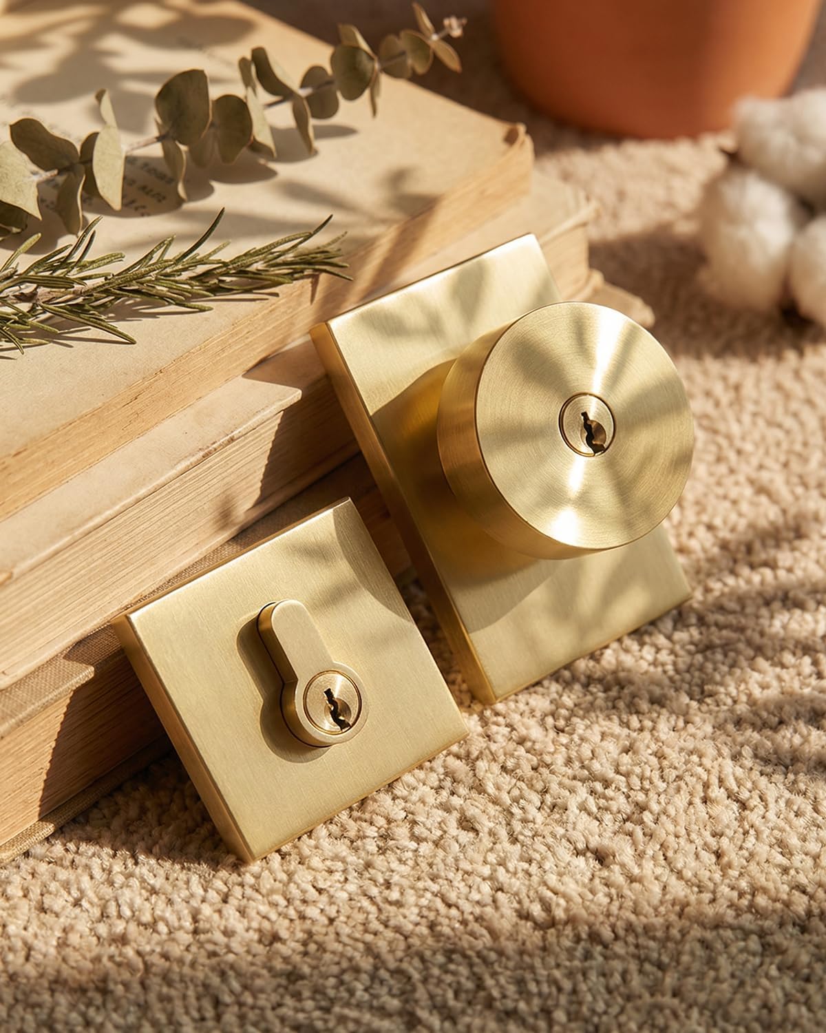 Goldenwarm Brushed Gold Exterior Door Knob with Deadbolt, Square Keyed Different Front Entry Lockset, Heavy Duty, 3 Pack