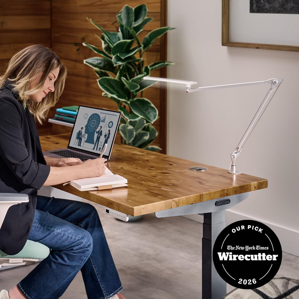 UPLIFT DESK E7 LED Desk Lamp - Adjustable 3 Color Modes, Dimmable Home Office Desk Light for Standing Desk, Dual Monitors, Aluminum Task Lamp (Silver Base)