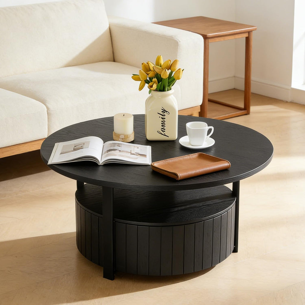 33' Round Coffee Table with Storage, Solid Wood 2 Tier Mid Century Modern Coffee Table with Drawer, Circle Fluted Center Table for Living Room Home Office Small Space, Black