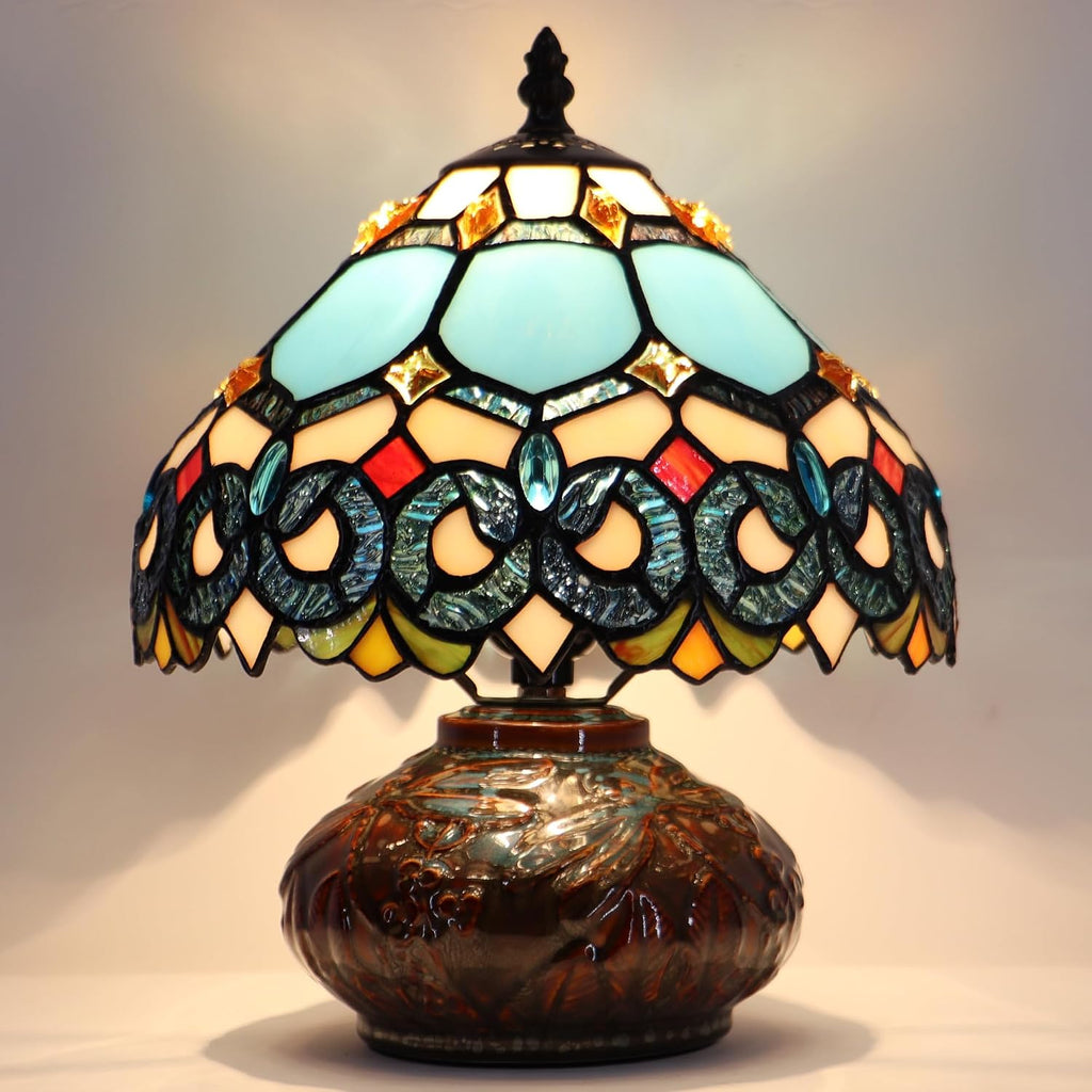 Small Tiffany Table Lamp, 10X10X11 Inch Mini Stained Glass Mushroom Desk Light Memory Sympathy Ceramic lamp (Sapphire Style)