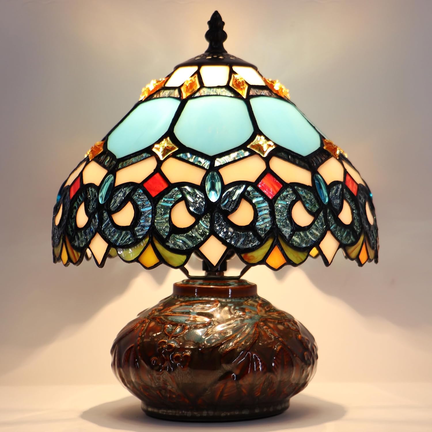 Small Tiffany Table Lamp, 10X10X11 Inch Mini Stained Glass Mushroom Desk Light Memory Sympathy Ceramic lamp (Sapphire Style)