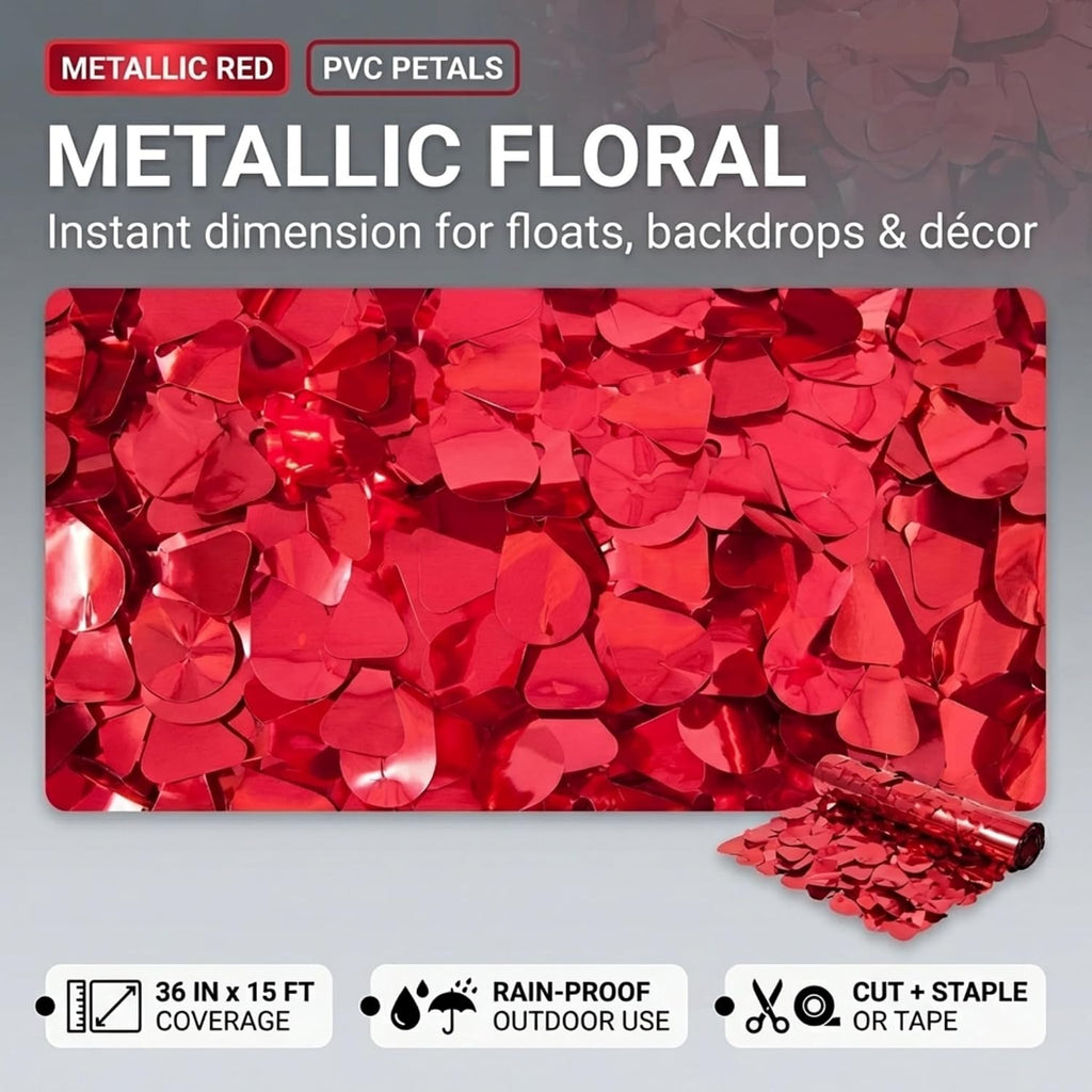 Anderson's Red Metallic Floral Sheeting, 30 Ft. Parade Float Decoration for Trailers, Parties, Weddings, Proms, Photo Backdrops & Events – Shiny Fringe Garland for Indoor/Outdoor Use