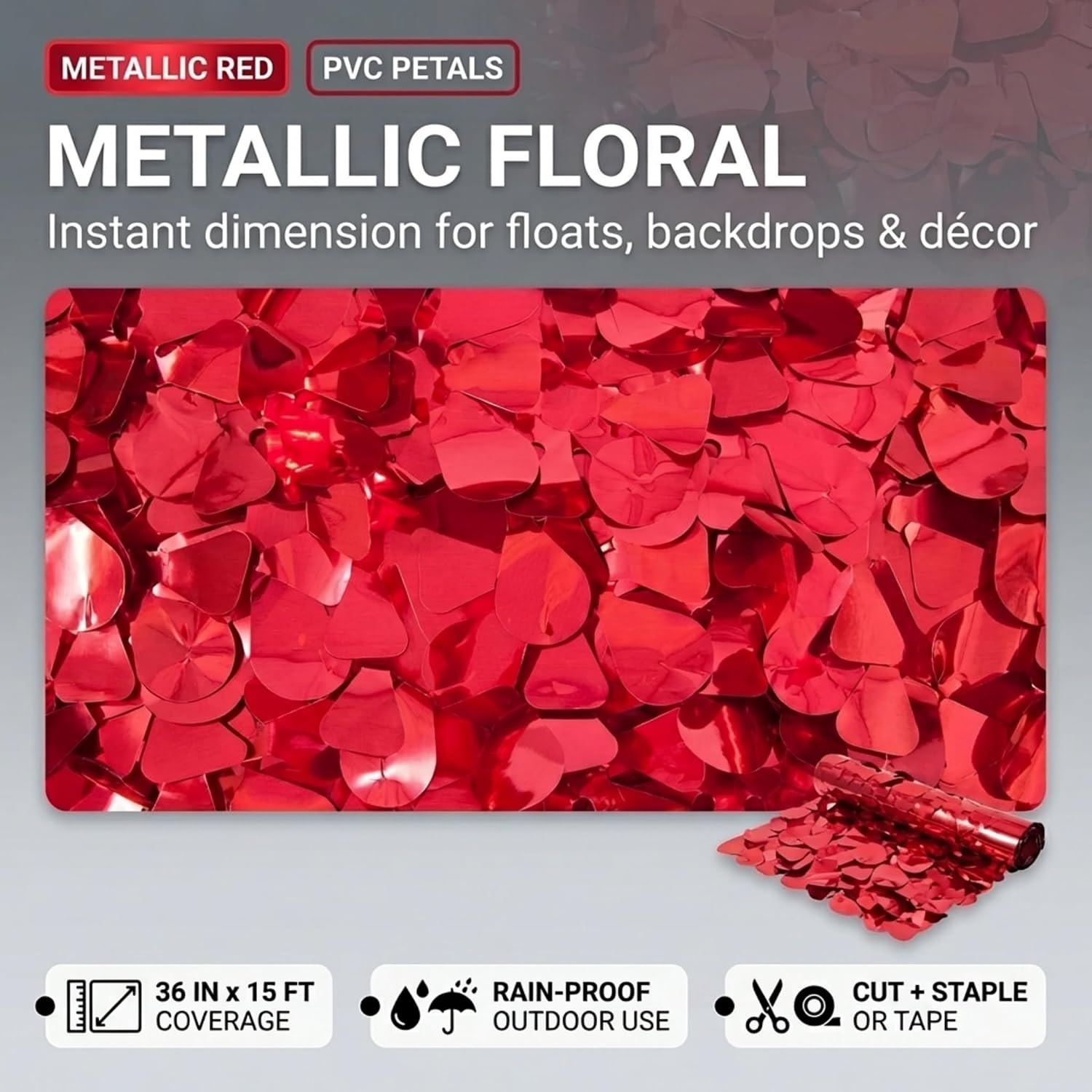 Anderson's Red Metallic Floral Sheeting, 30 Ft. Parade Float Decoration for Trailers, Parties, Weddings, Proms, Photo Backdrops & Events – Shiny Fringe Garland for Indoor/Outdoor Use