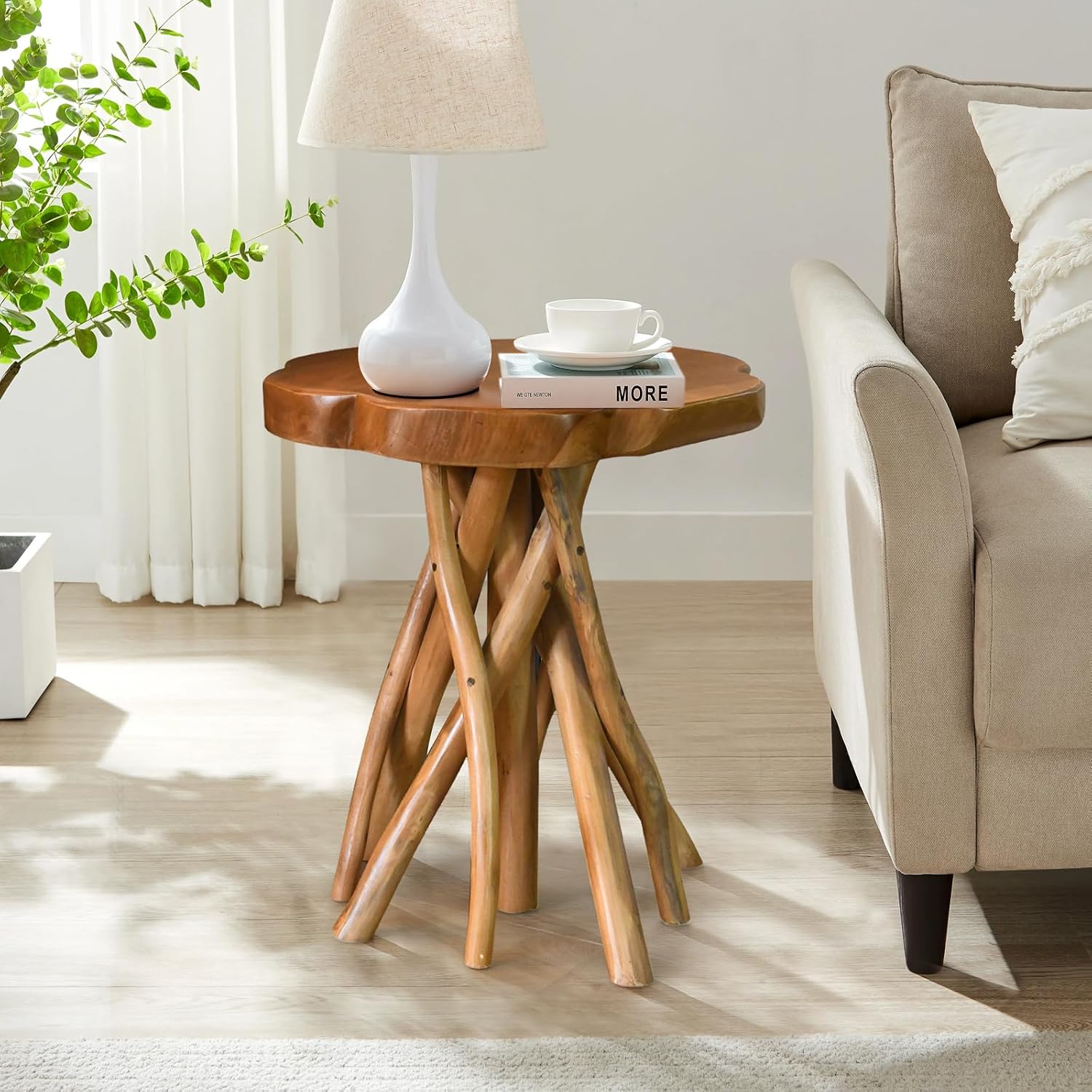 WELLAND Solid Teak Live Edge End Table, 18' L x 18' W x 20' H Unique Side Table, Small Accent Table, Plant Stand for Living Room, Bedroom, Home Office