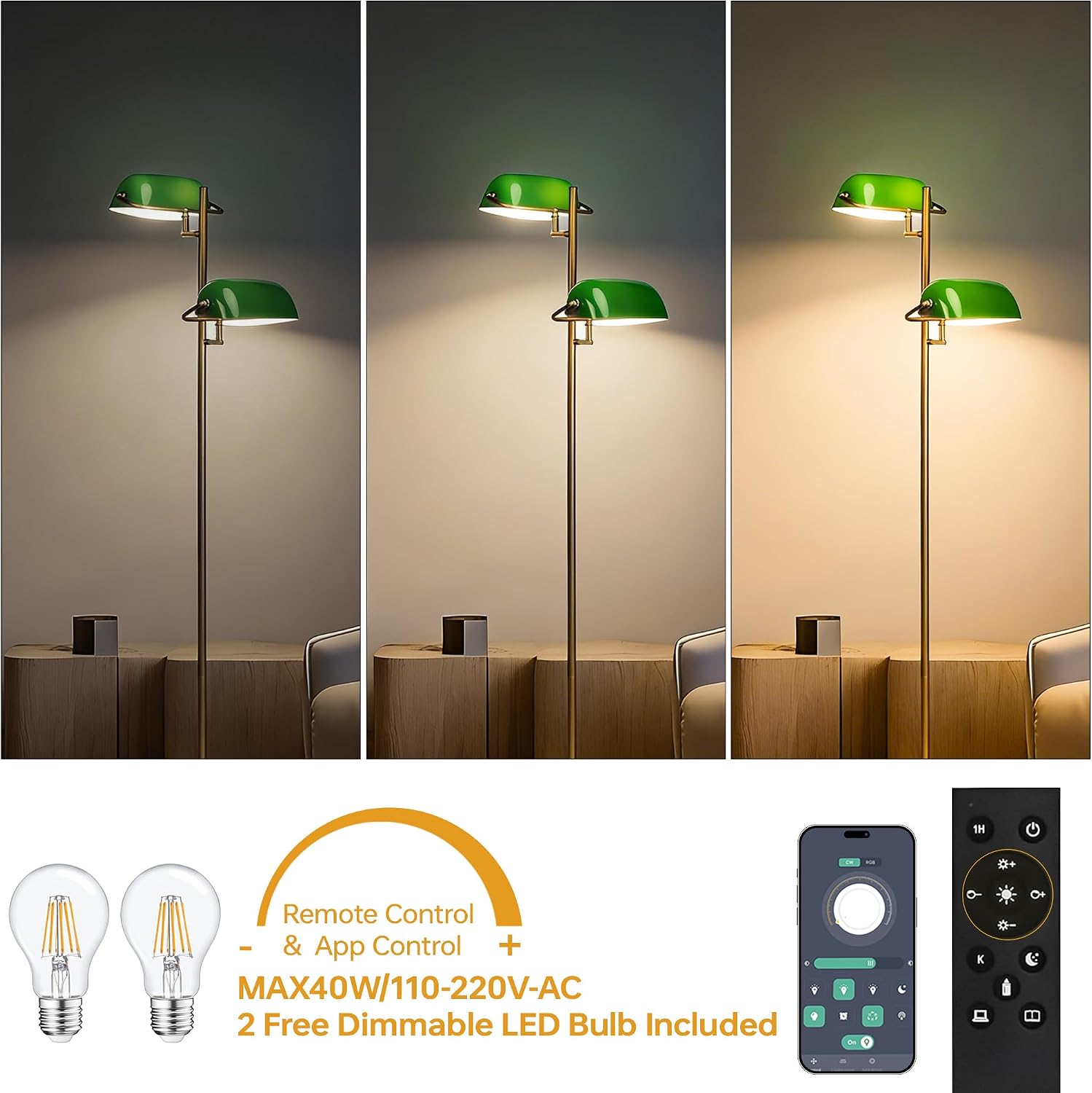 FIRVRE Bankers Floor Lamp for Living Room, Vintage Floor Lamp with Foot Switch,Remote Control Standing Lamp with Glass Lampshade, Antique Green Floor Lamp for Bedroom Office Kid Room