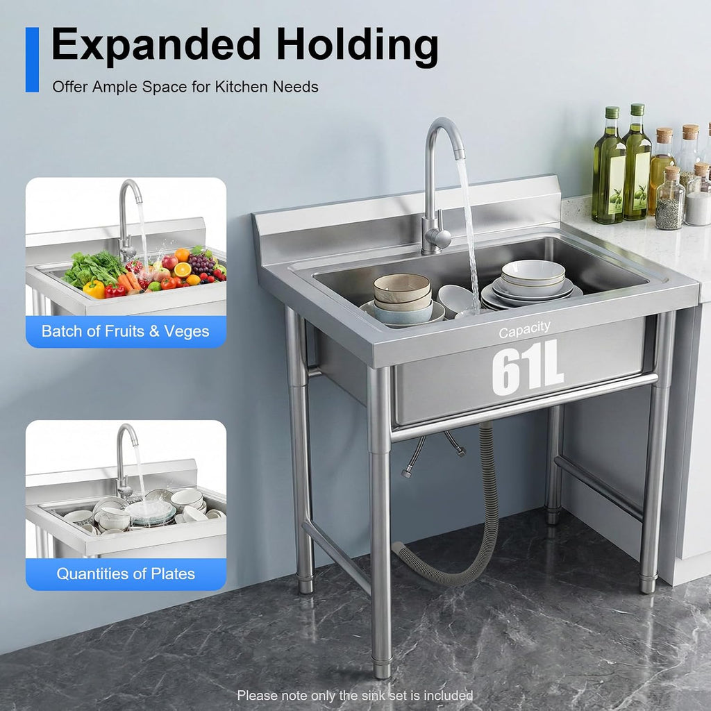 Stainless Steel Sink Single Bowl Commercial Utility Sink Free Standing Kitchen Sinks with Cold and Hot Water Faucets for Kitchens, Garage, Laundry Room (31.5' W x 23.6' D x 36.6' H)