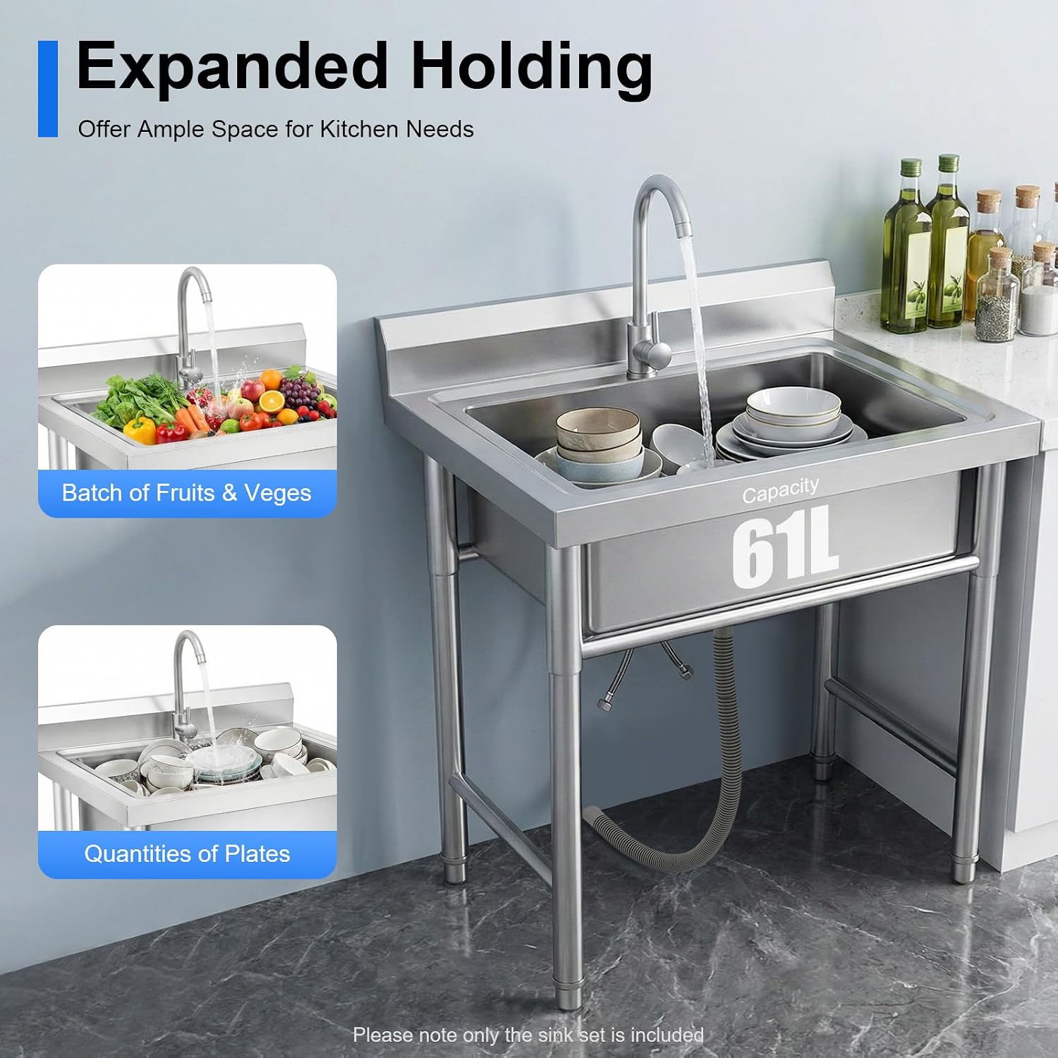 Stainless Steel Sink Single Bowl Commercial Utility Sink Free Standing Kitchen Sinks with Cold and Hot Water Faucets for Kitchens, Garage, Laundry Room (31.5' W x 23.6' D x 36.6' H)