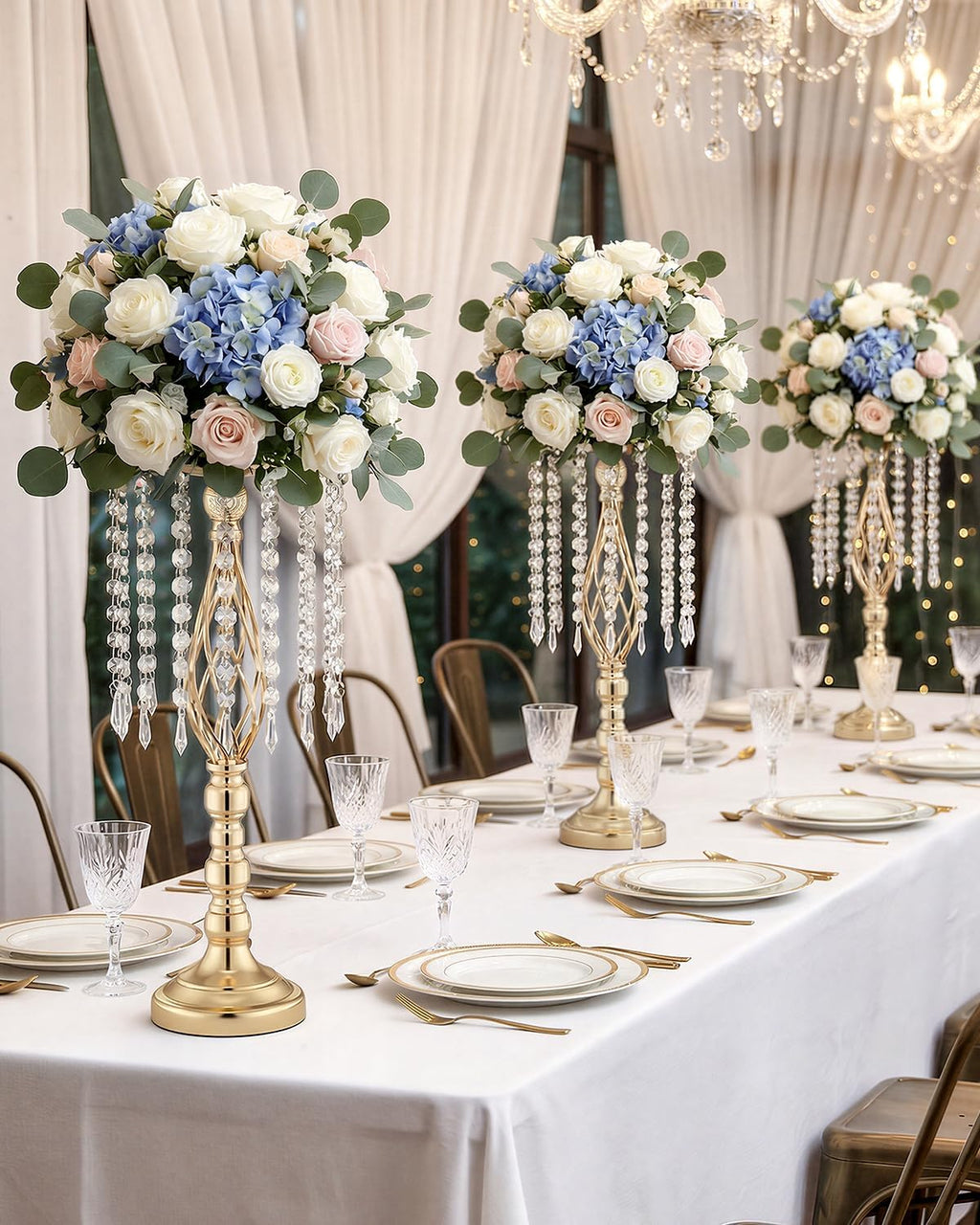 10 Pcs 21.5' Tall Gold Centerpieces for Table, Open Lattice Midsection Trumpet Base Vase Stands with Hanging Crystals, Metal Flower Holders for Wedding Receptions,Parties & Event Decor