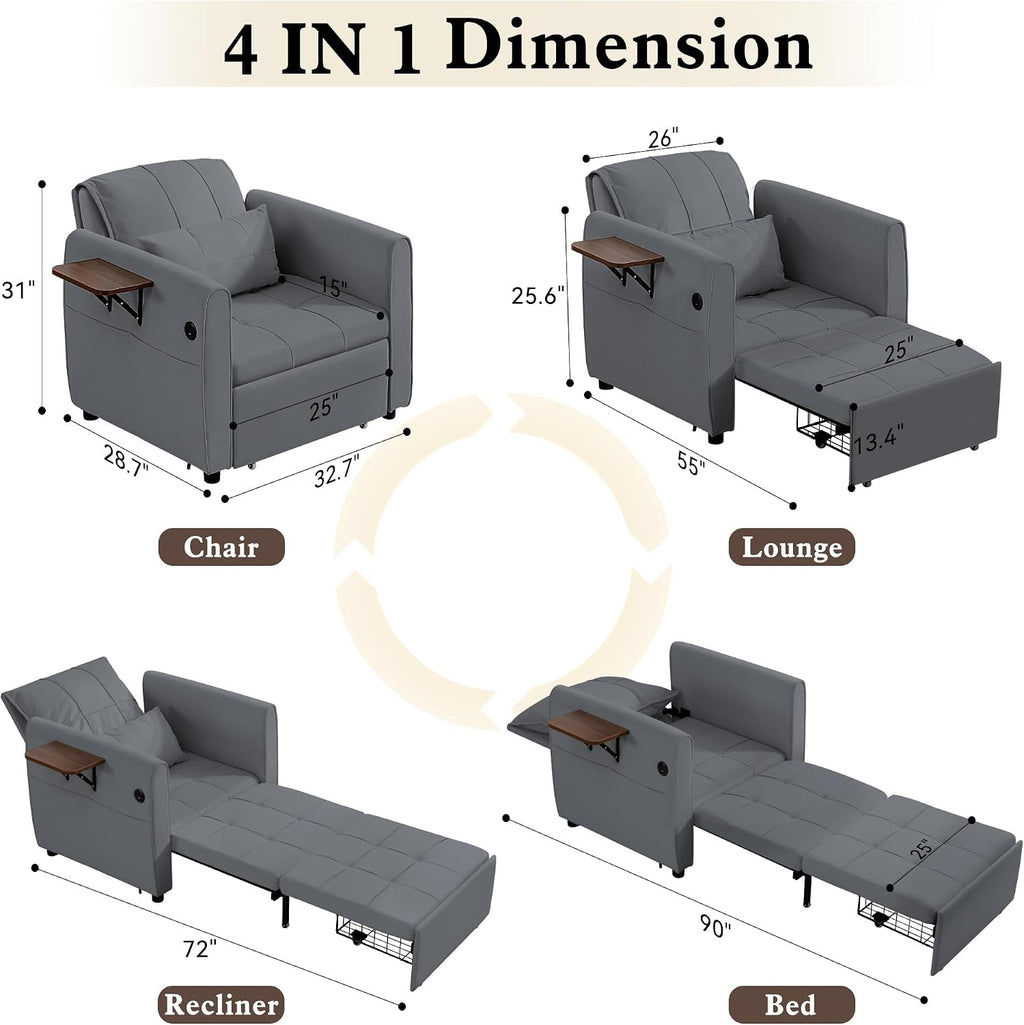 Suvivityse 90' Convertible Sleeper Chair Bed, 4 in 1 Pull Out Single Sofa Bed, Adjustable Backrest Recliner with USB Port, Storage Basket, Folding Side Table, for Living Room Apartment Small Place