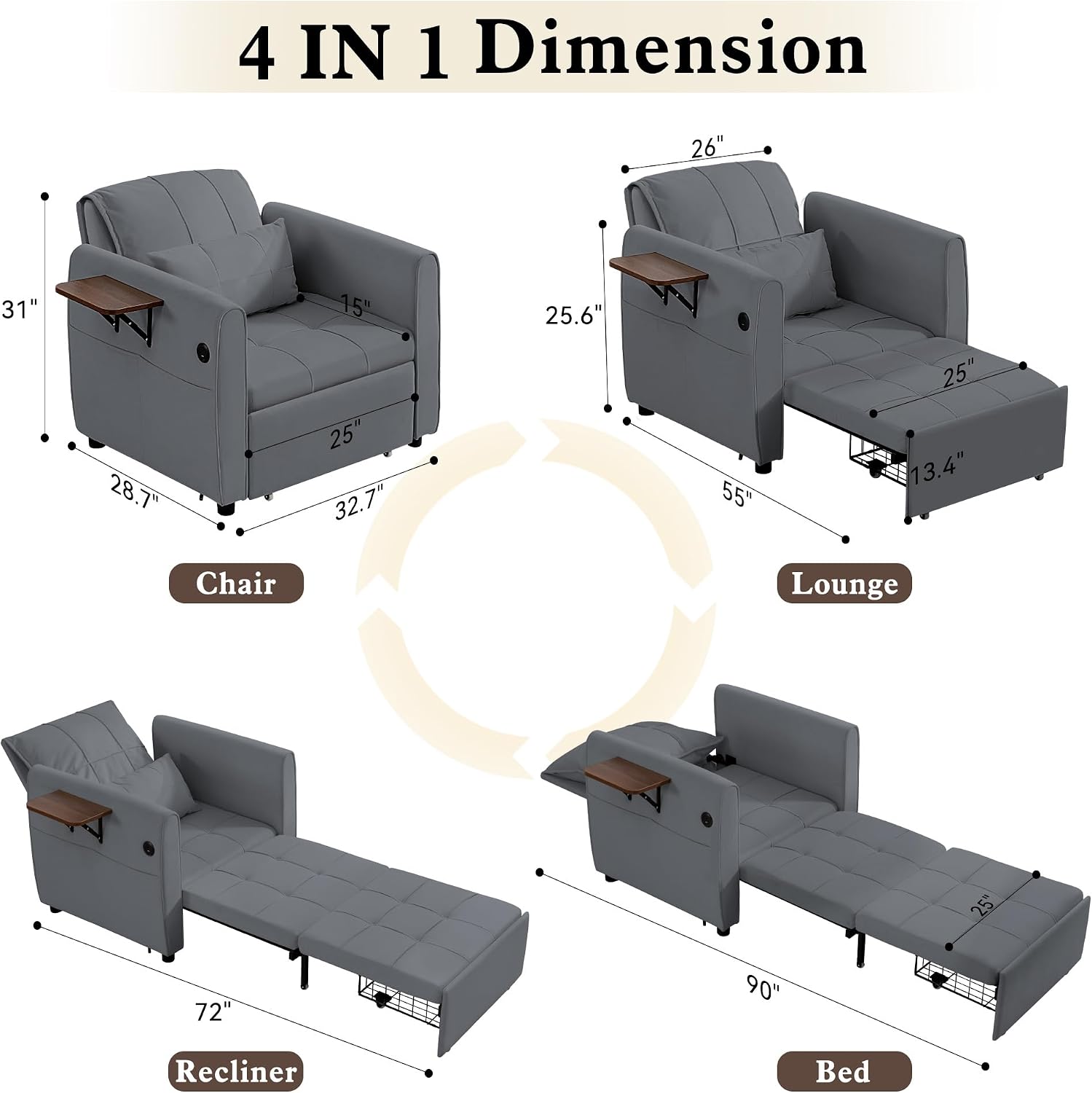 Suvivityse 90' Convertible Sleeper Chair Bed, 4 in 1 Pull Out Single Sofa Bed, Adjustable Backrest Recliner with USB Port, Storage Basket, Folding Side Table, for Living Room Apartment Small Place