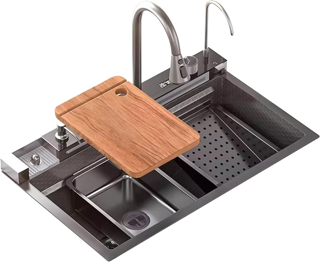 JATIBOSH Waterfall Kitchen Sink, Nano Stainless Steel Single Bowl Sink, Pull-Out Faucet, Black Farmhouse Workstation Drop in Sink
