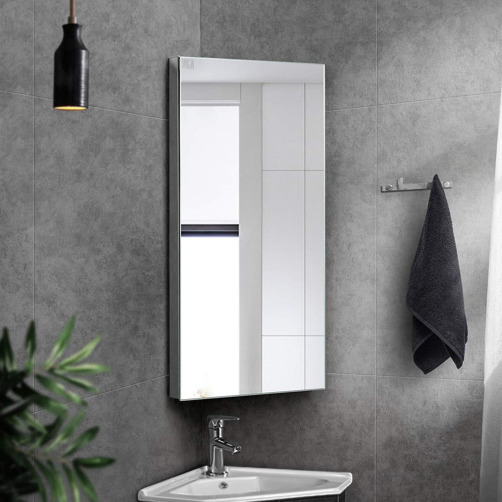 24-inch 304 Stainless Steel Corner Medicine Cabinet with Mirror | Wall-Mounted Bathroom Storage Cabinet, 3 Shelves, Space-Saving Design