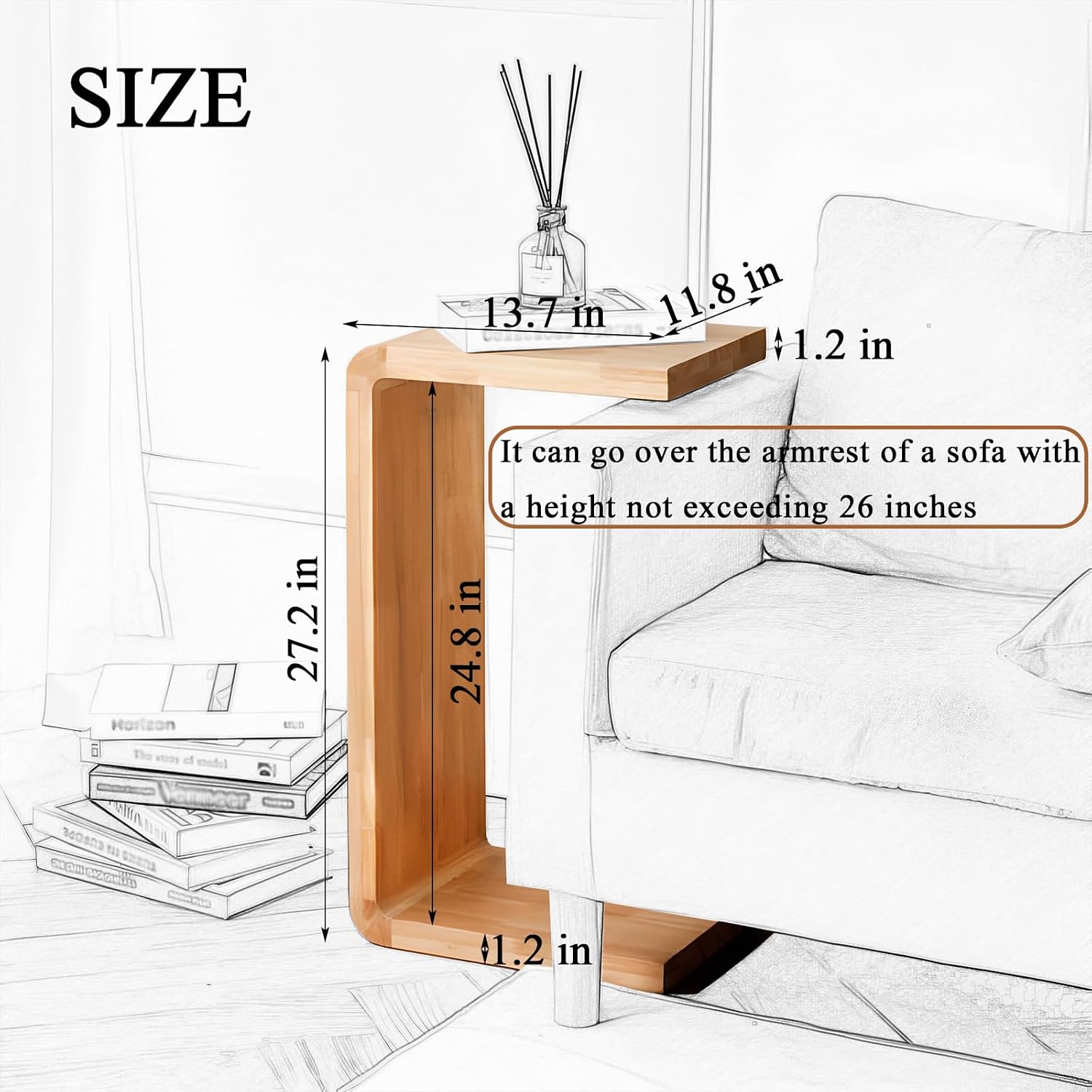 C-Shaped Side Table, Solid Wood End Table for Couch Sofa and Bed, Wooden C Tables for Living Room Bedroom, Small Snack Tray Table for Space Saving (1, 27.2' H-Black)