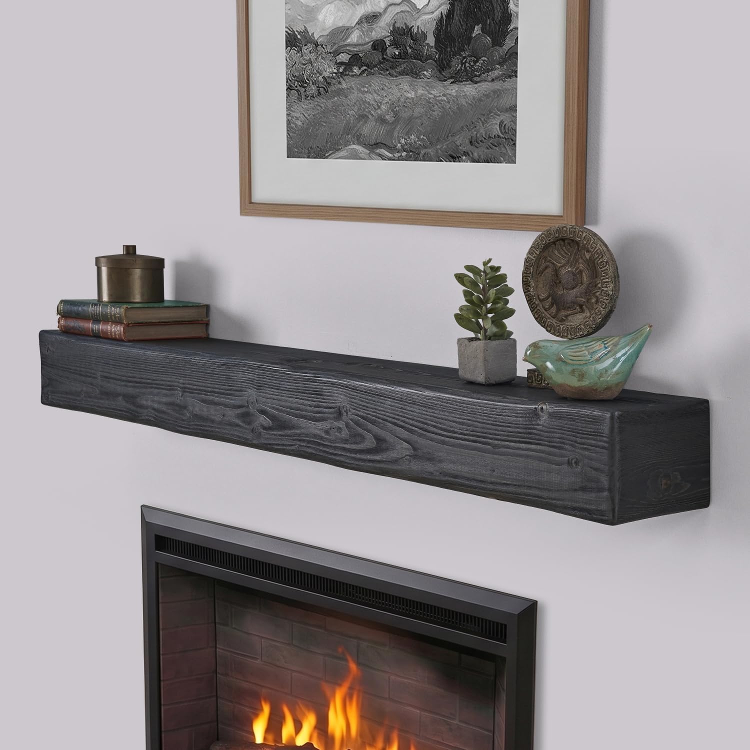 Handmade Fireplace Mantel Shelf, Extra Wide Rustic Wood Mantles for Over Fireplace, Wall Mounted Floating Mantel Shelves for Living Room Decor (Ebony, 72 inches)