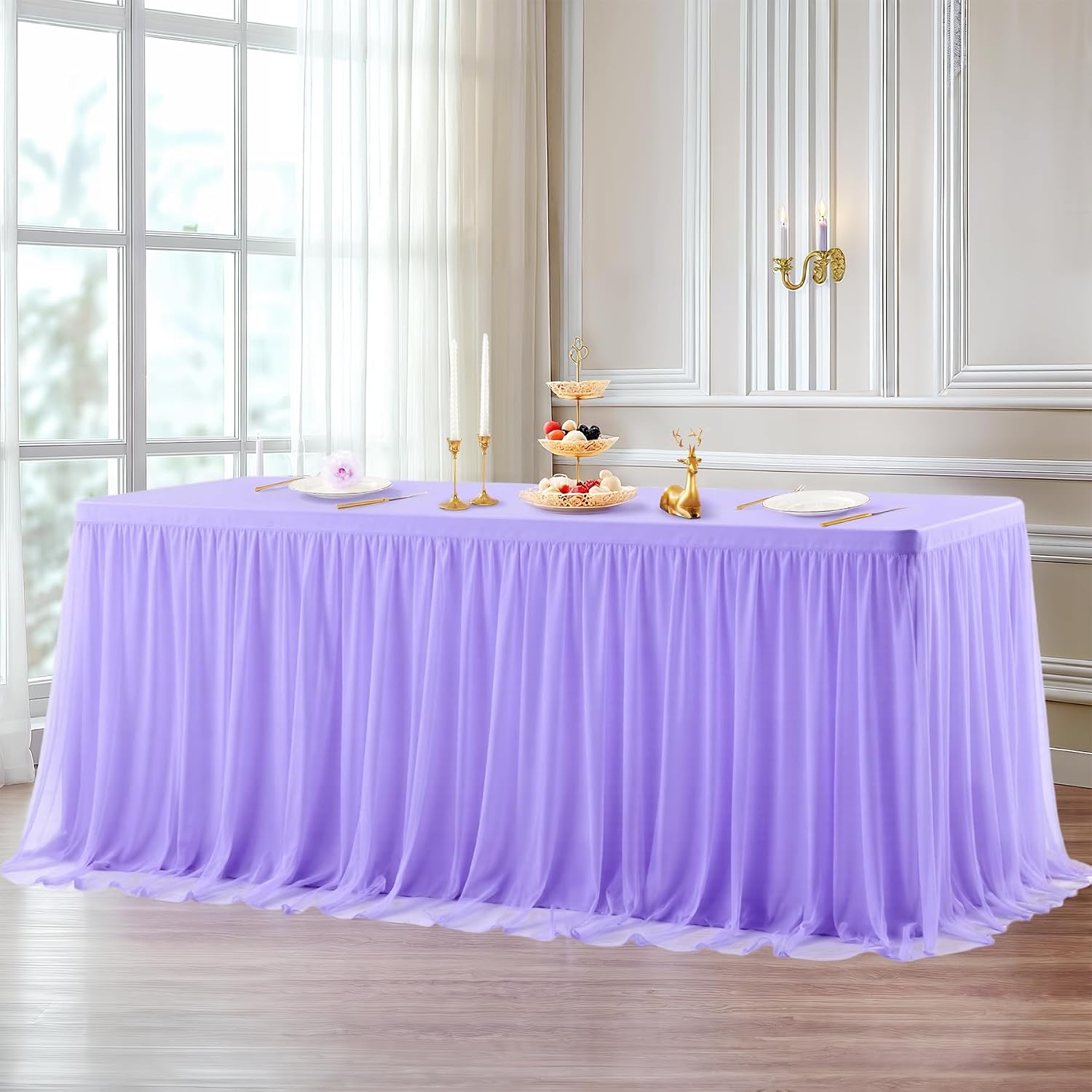 6 Pack Lavender Tulle Tablecloths with Skirt for 6 Foot Rectangle Tables Party Ruffle Tutu Tablecloth 6FT Stretch Fitted Table Cover for Wedding Reception Birthday Baby Shower Celebration Banquet
