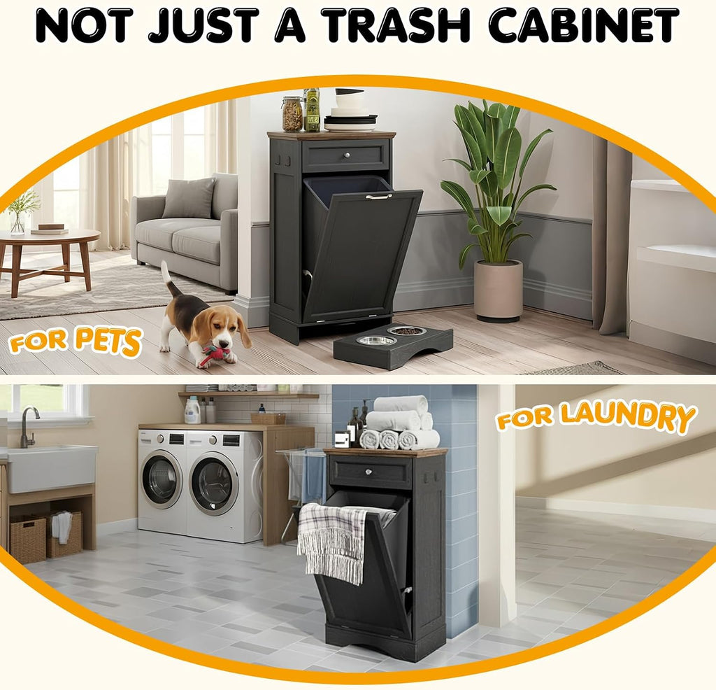 Tilt Out Trash Can Cabinet with Dog Bowl, 10 Gallons Dog Feeding Station with Storage, Dog Food Cabinet with Hideaway Drawer for Kitchen, Living Room,Laundry Room