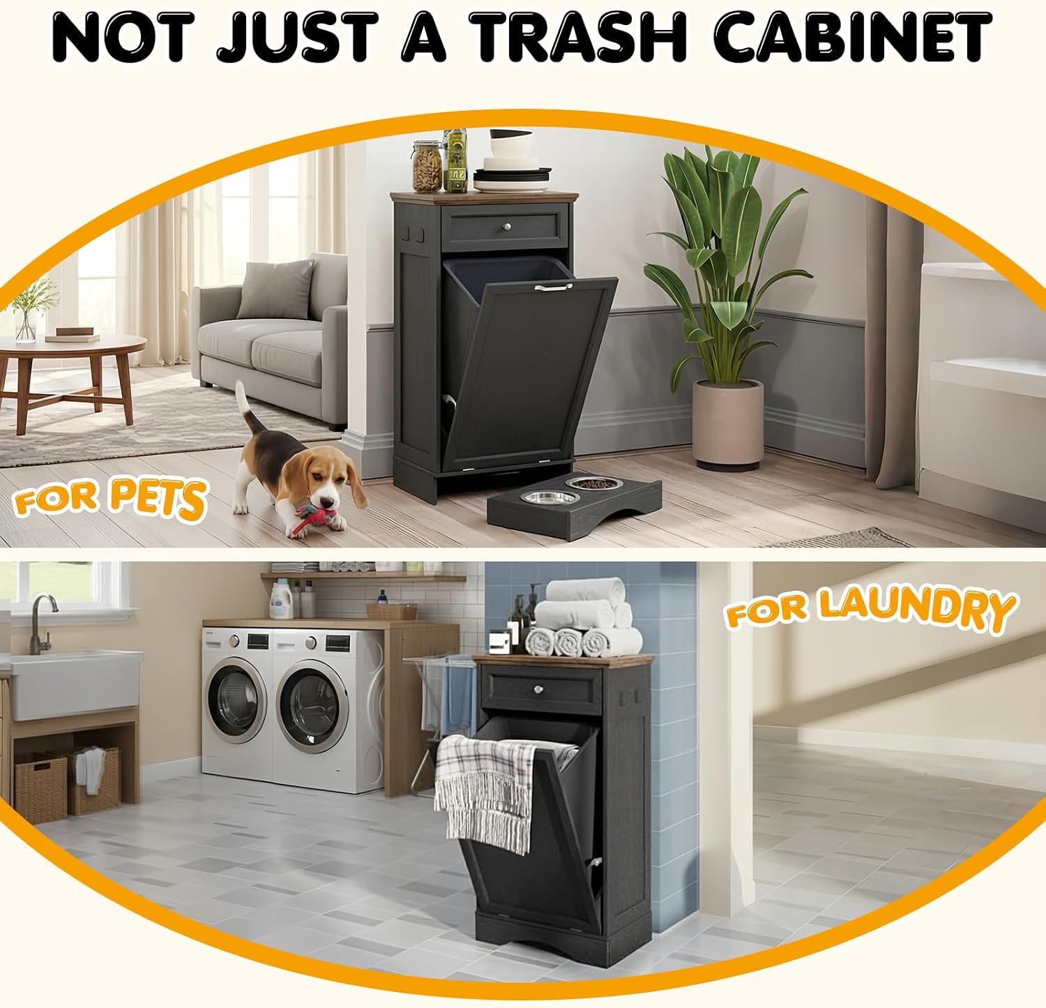 Tilt Out Trash Can Cabinet with Dog Bowl, 10 Gallons Dog Feeding Station with Storage, Dog Food Cabinet with Hideaway Drawer for Kitchen, Living Room,Laundry Room