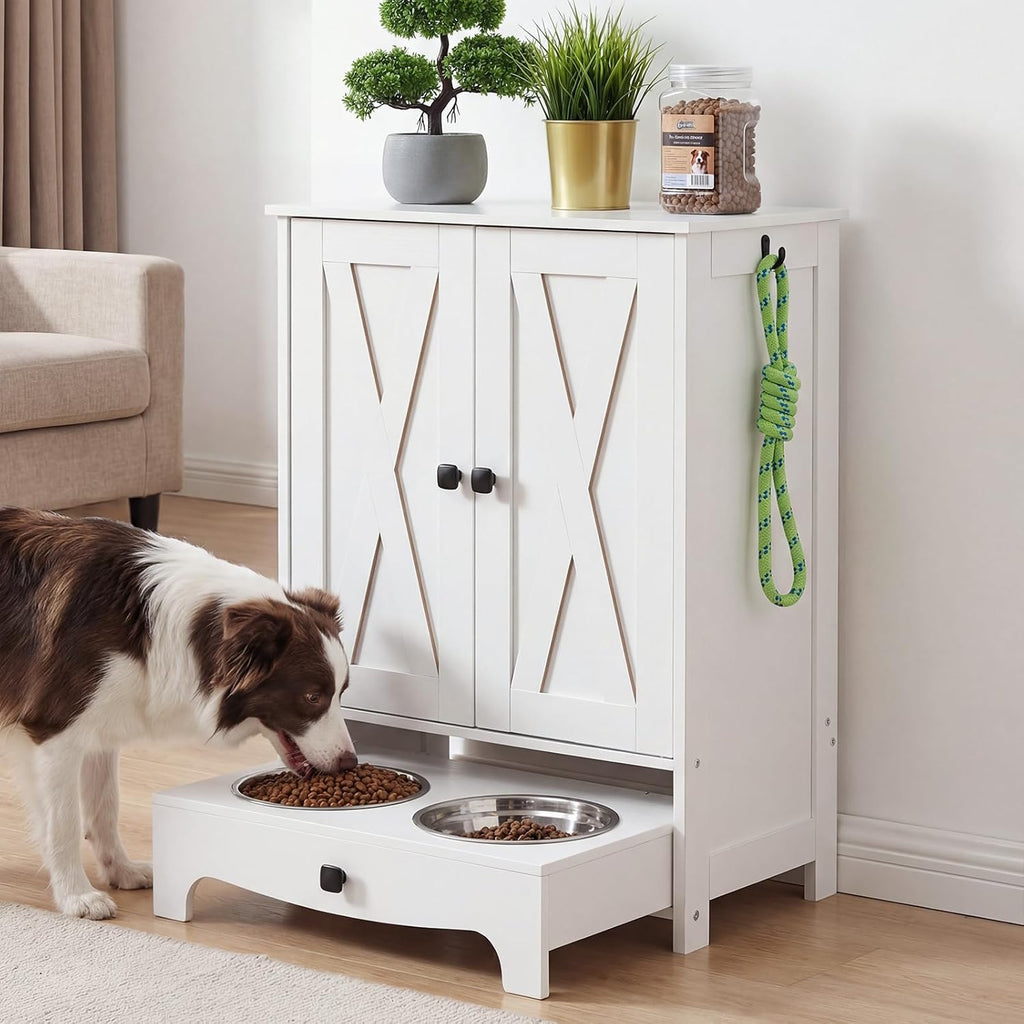 HOOBRO Dog Feeding Station with Feeding Bowls, Pet Organizer Cabinet with Storage and Hooks, Pet Feeding Station with Sliding Drawer and 2 Hidden Bowls for Dog & Cat, White WT12PO03G1