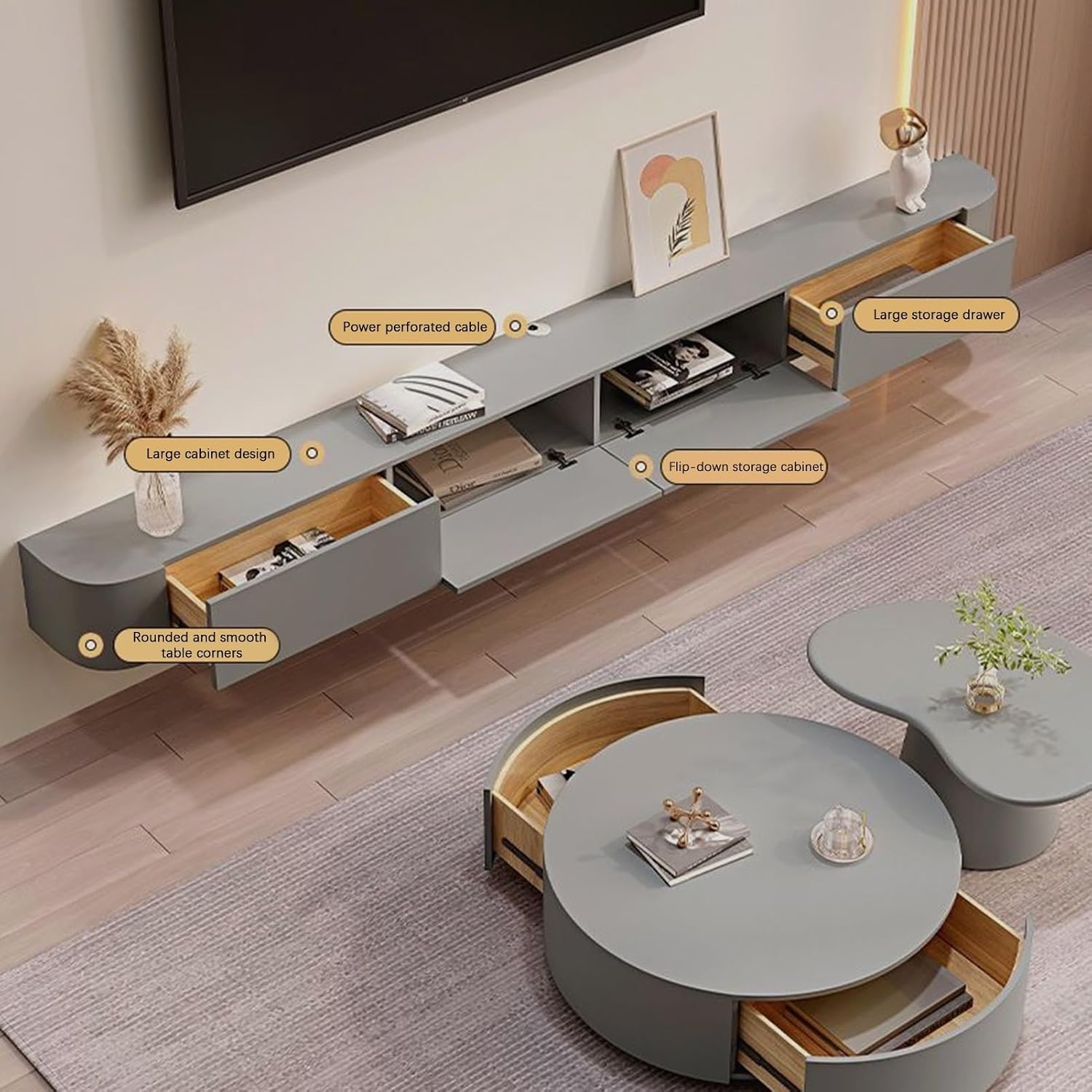 Floating TV Stand - Wall Mounted Media Console with 2 Drawer, Floating Entertainment Center TV Cabinet, Wall Mounted Audio/Video Shelf for Home Room (Gray, 70.87x7.87x9.45IN)