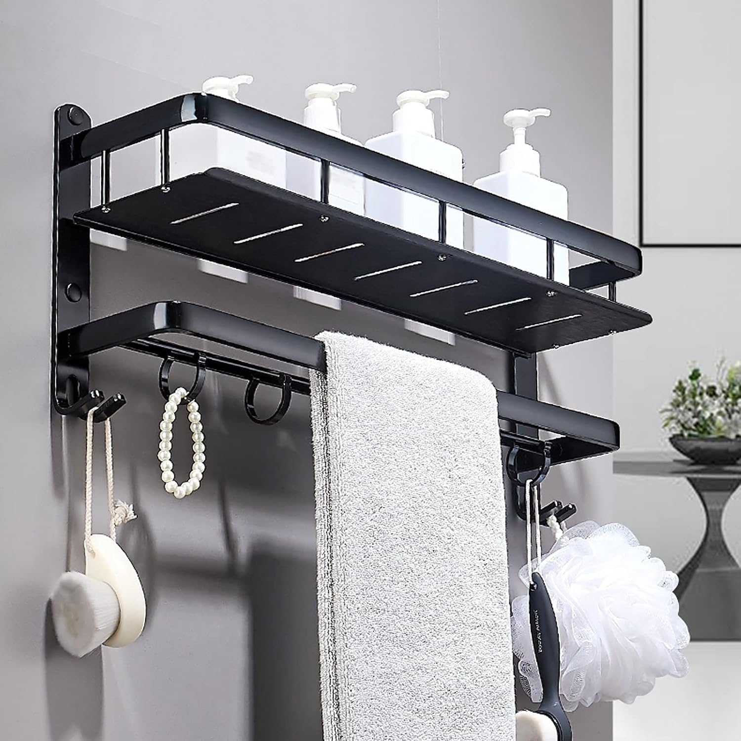 TOMYEUS Bathroom Shelf Floating Shelves Wall Mounted，Bathroom Shelf with Rail,with Towel Bar and Towel Hooks，Strong Black Metal Frame Bathroom Wall Shelves (Size : 60 cm Long)