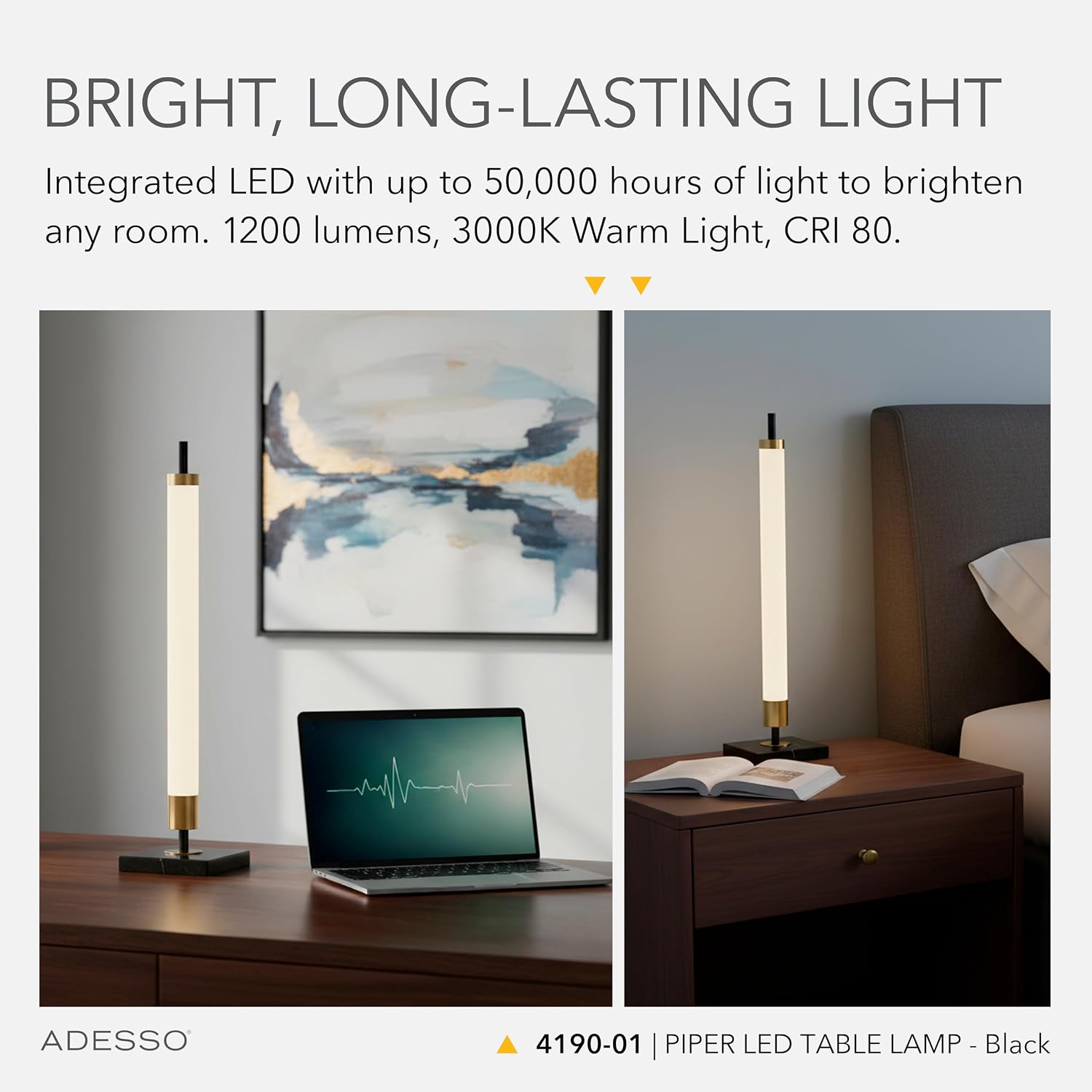 Adesso LED Table Lamp – Black with Antique Brass and Frosted Shade, 4-Way Brightness, 12W Integrated LED Accent Light for Living Room, Bedroom, and Home Office, 30' Tall