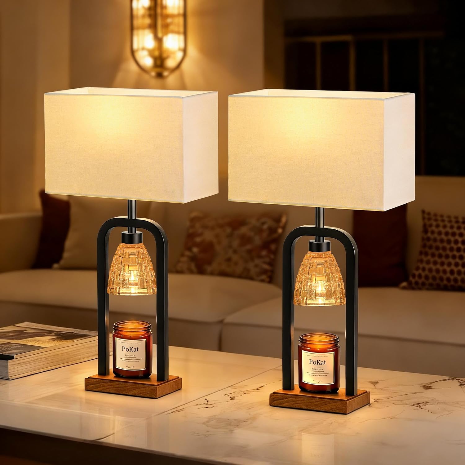 PoKat 21.5'' Lamp Candle Warmers Set of 2 Black, Farmhouse Candle Warming Lamps with Timer Dimmer & Wood-Like Base, Warmer Lamp Jar Candles, Table Lamps for Bedroom End Table Decor, Bulb Included