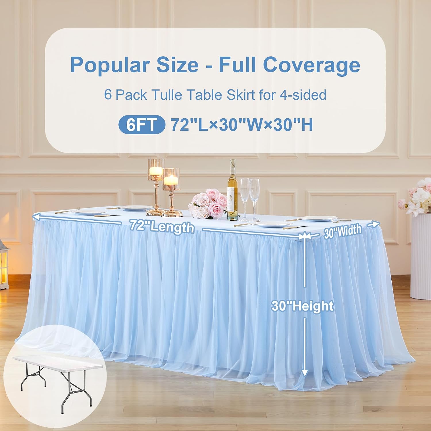 Baby Blue Tulle Tablecloth Table Skirt for 6 Foot Rectangle Tables with Ruffle Tutu Design for Wedding Reception Party Birthday, 6 Pack, 6ft Fitted Spandex Table Cover