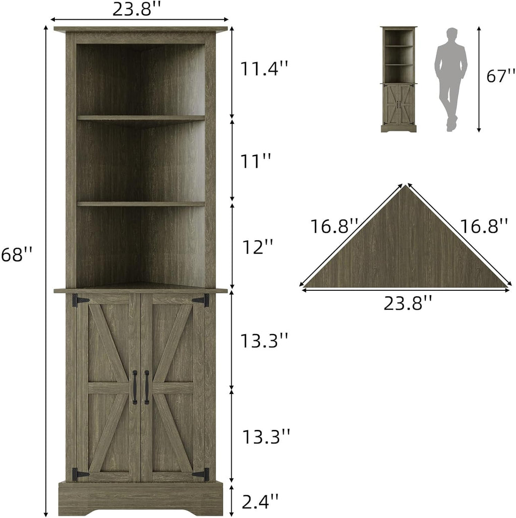 4 EVER WINNER Farmhouse Corner Cabinet, 68' Tall Corner Cabinet with 5-Tier Adjustable Shelves and Barn Doors for Small Spaces, Living Room, Dining Room, Hallway, Bathroom, Kitchen, Grey