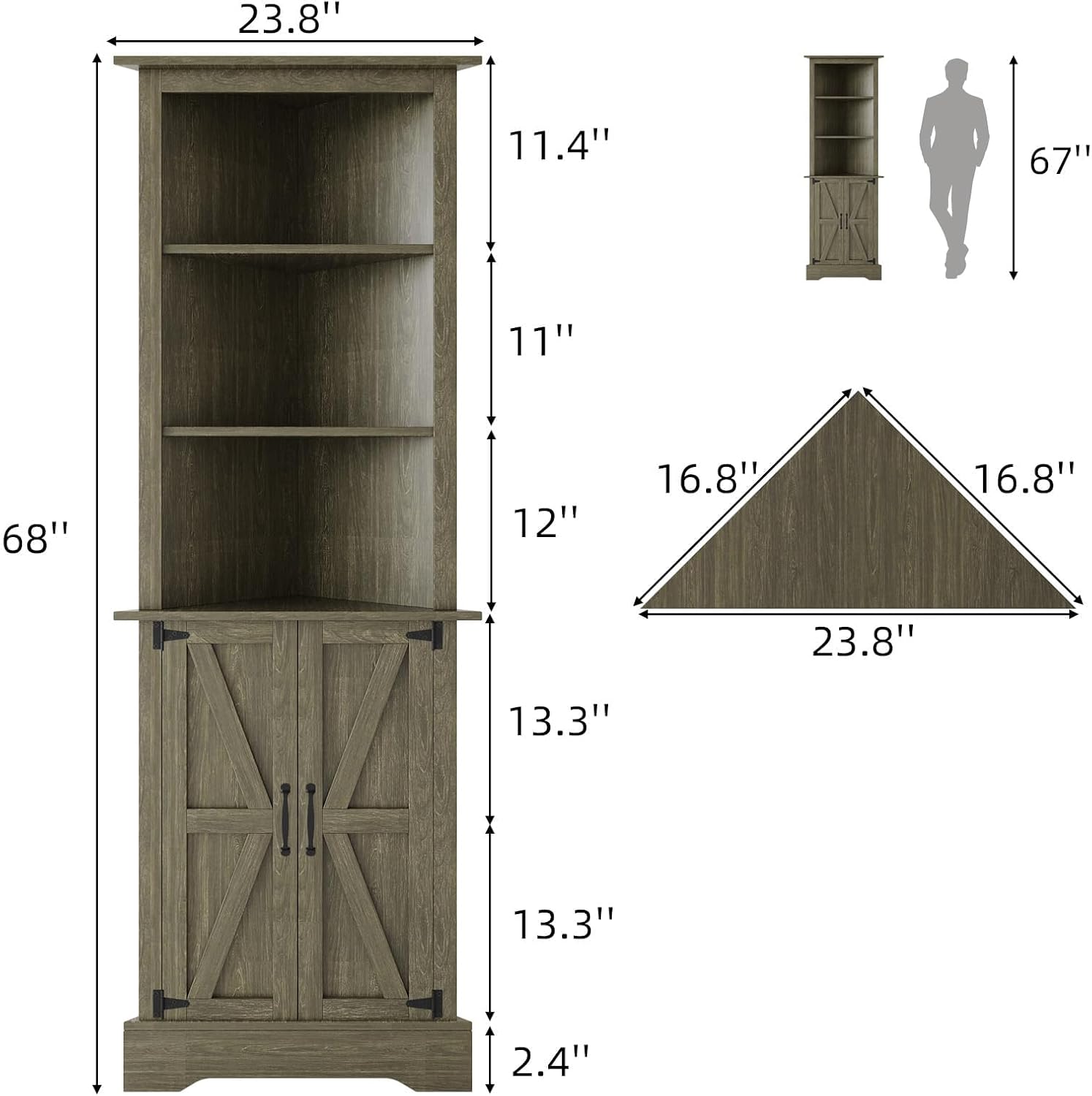 4 EVER WINNER Farmhouse Corner Cabinet, 68' Tall Corner Cabinet with 5-Tier Adjustable Shelves and Barn Doors for Small Spaces, Living Room, Dining Room, Hallway, Bathroom, Kitchen, Grey