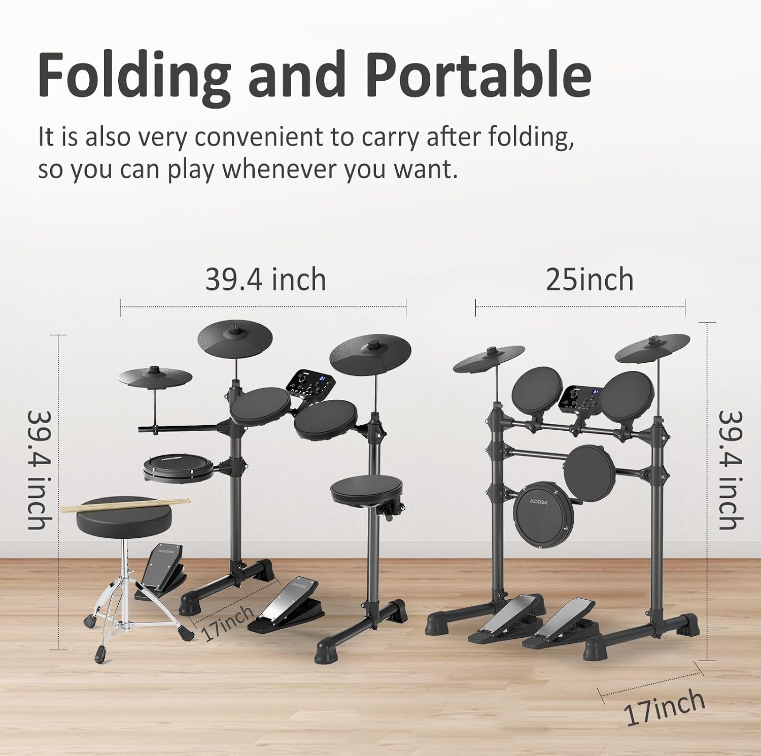 AODSK Electric Drum Set for Beginner with 150 Sounds,4 Quiet Drum Pads,2 Pedal,Throne,Sticks,Electronic Drum with Headphone,AED-400