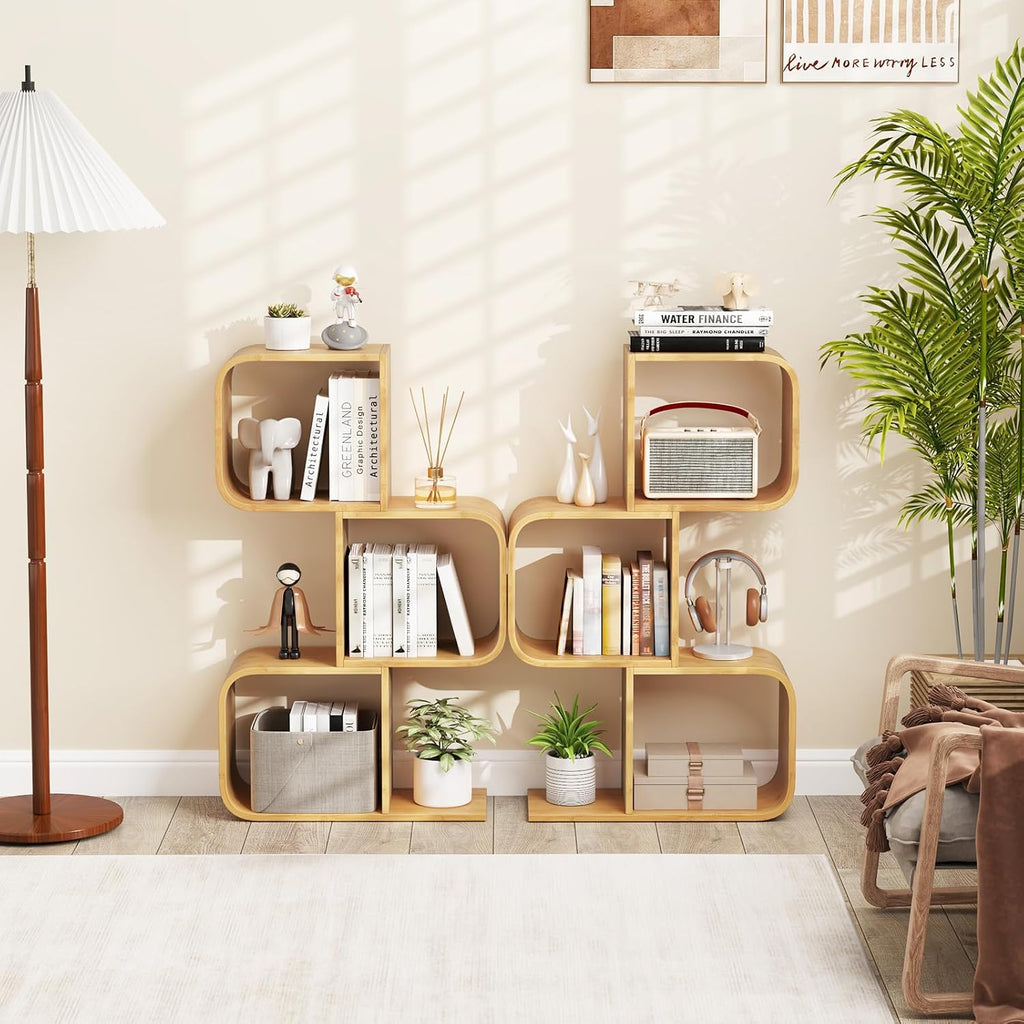 Giantex 3-Tier Bamboo Bookshelf Set of 2, S-Shaped Bookcase with 3 Open Cubes, Geometric Corner Display Shelf, Decorative Storage Organizer, Floor Storage Rack for Living Room, Home Office, Natural