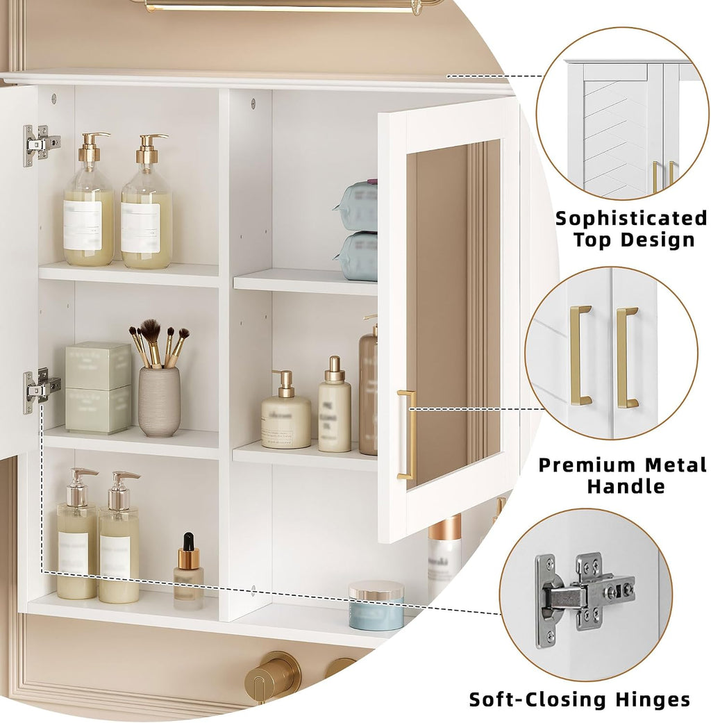 Merax 2-in-1 Bathroom Mirror Cabinet, 30 inch Wall Mounted Medicine Cabinet with Adjustable Shelves & Soft Close Doors, High-Define Mirror with Storage for Bathroom Vanity, White