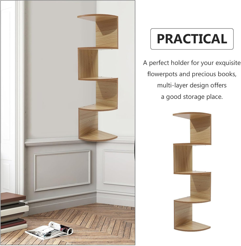 Creative 5-Layer Wooden Wall-Mounted Shelf with Corner Conversion Design, Light Walnut Multi-Layer Storage Rack for Home Décor and Bookshelf Organization