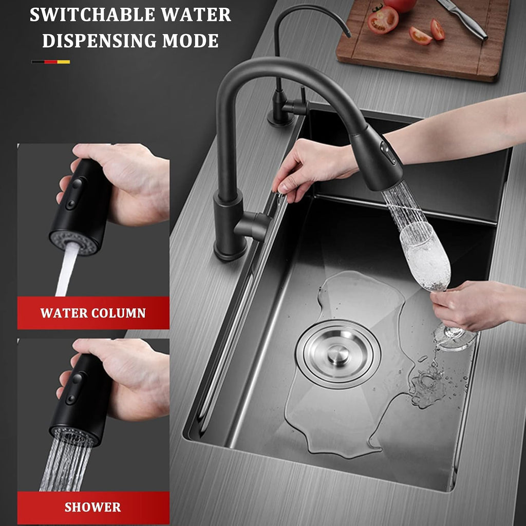 304 Stainless Steel Kitchen Sink Multi-functional Ladder Type Bar Sink Under Mount RV Sink Single Bowl Sink with Pull-Out Faucet and Drainage Components (Color : Black, Size : 75x41x21cm) (Black 7